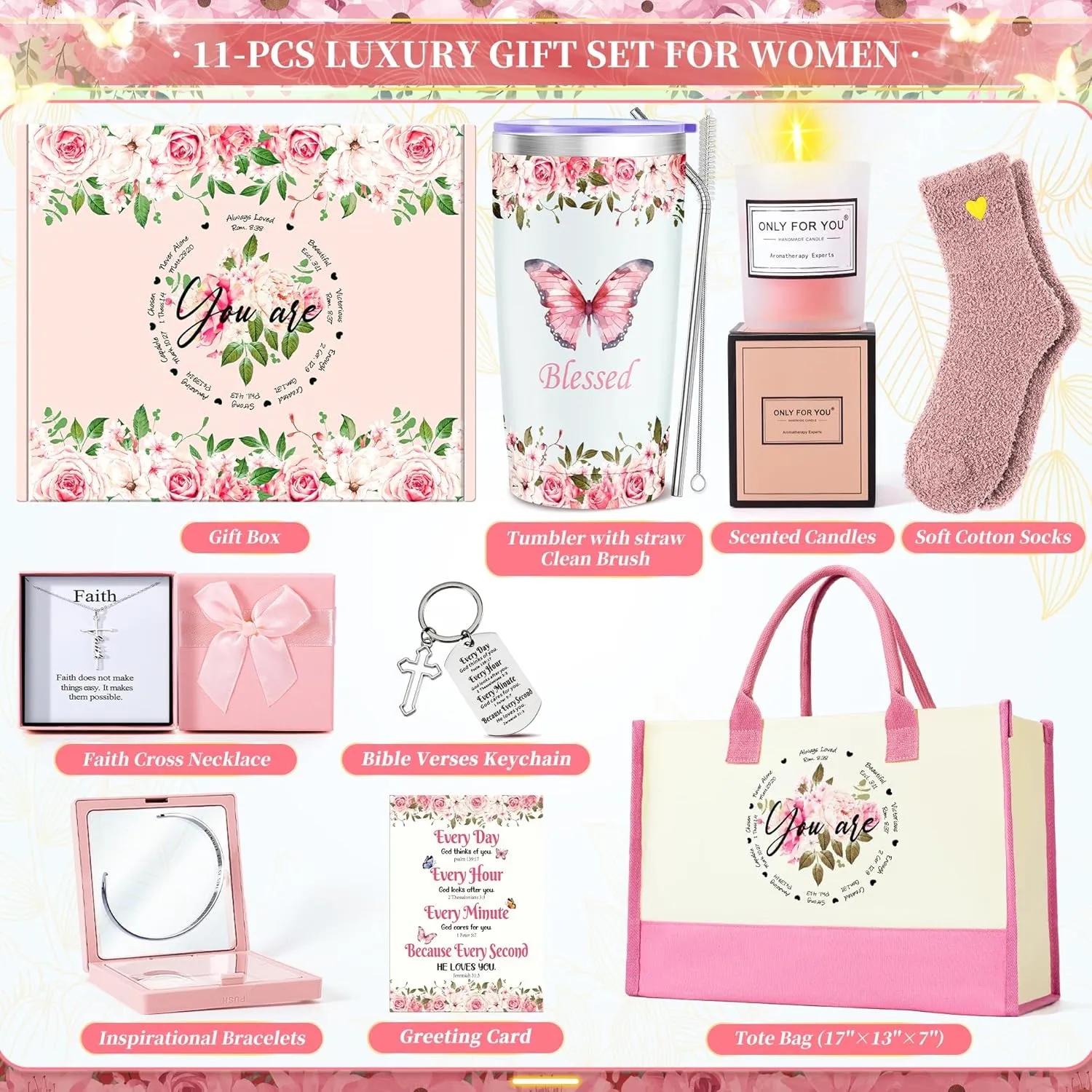 11PCS Christian Gifts for Women Faith, Inspirational Gifts for Women, Pink Birthday Spiritual Religious Basket Set,Self Care Get Well Soon Baskets for Mom,Friends,Wife,Girlfriends