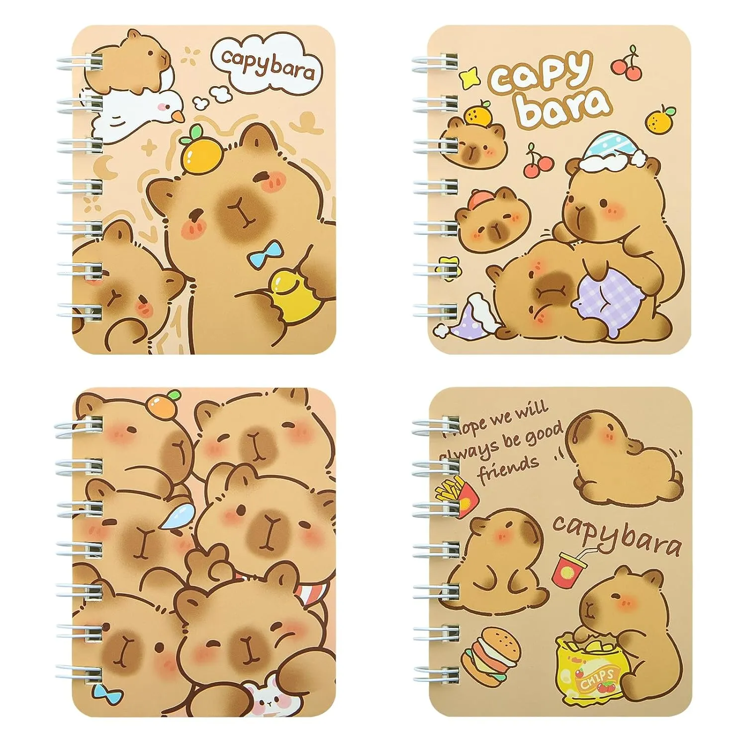 4 Packs Capybara Mini Spiral Notebooks, A7 3.2" x 4.1" Cute Waterproof Pocket Notepads Journal Memo Pads for Birthday Party Favors Birthday Gifts Stocking Stuffers School Kids Students Rewards Spiral-bound