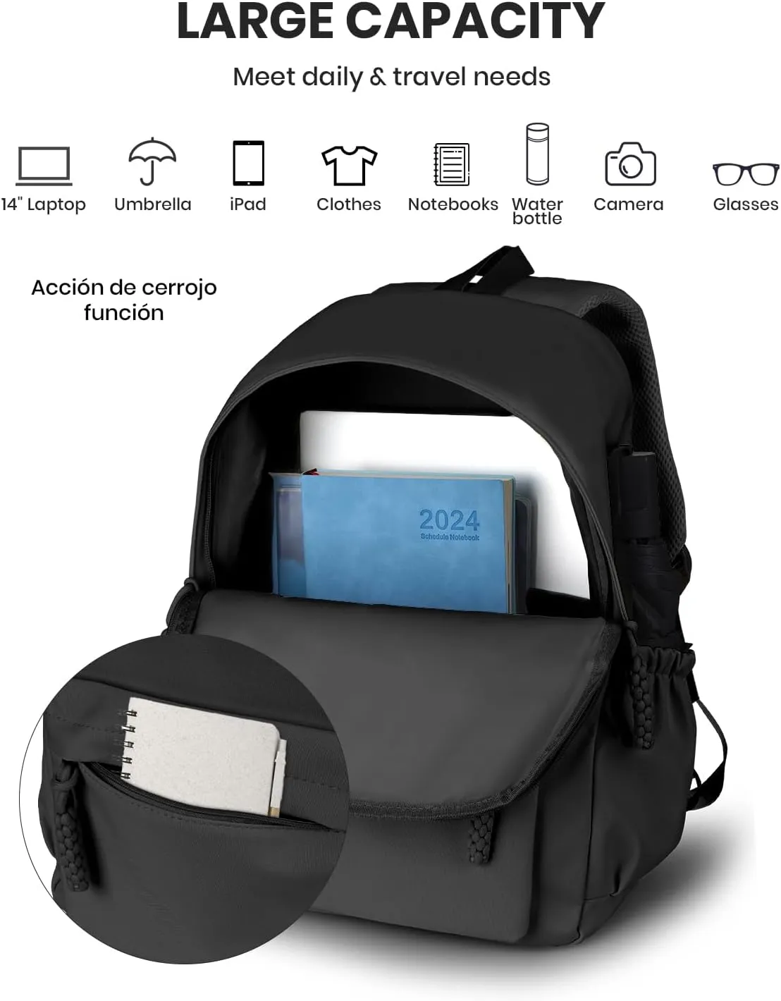 Black Casual Backpack, 14" Laptop Backpack, Bookbag for College, Daypack Backpack for Women Travel