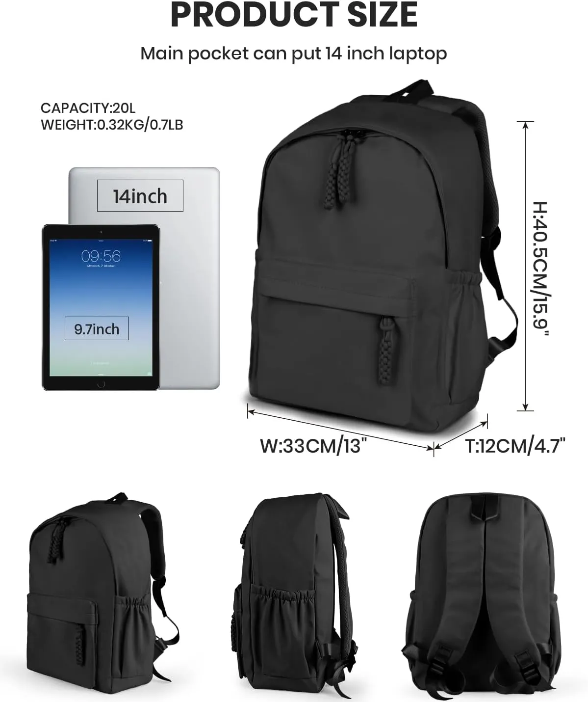 Black Casual Backpack, 14" Laptop Backpack, Bookbag for College, Daypack Backpack for Women Travel