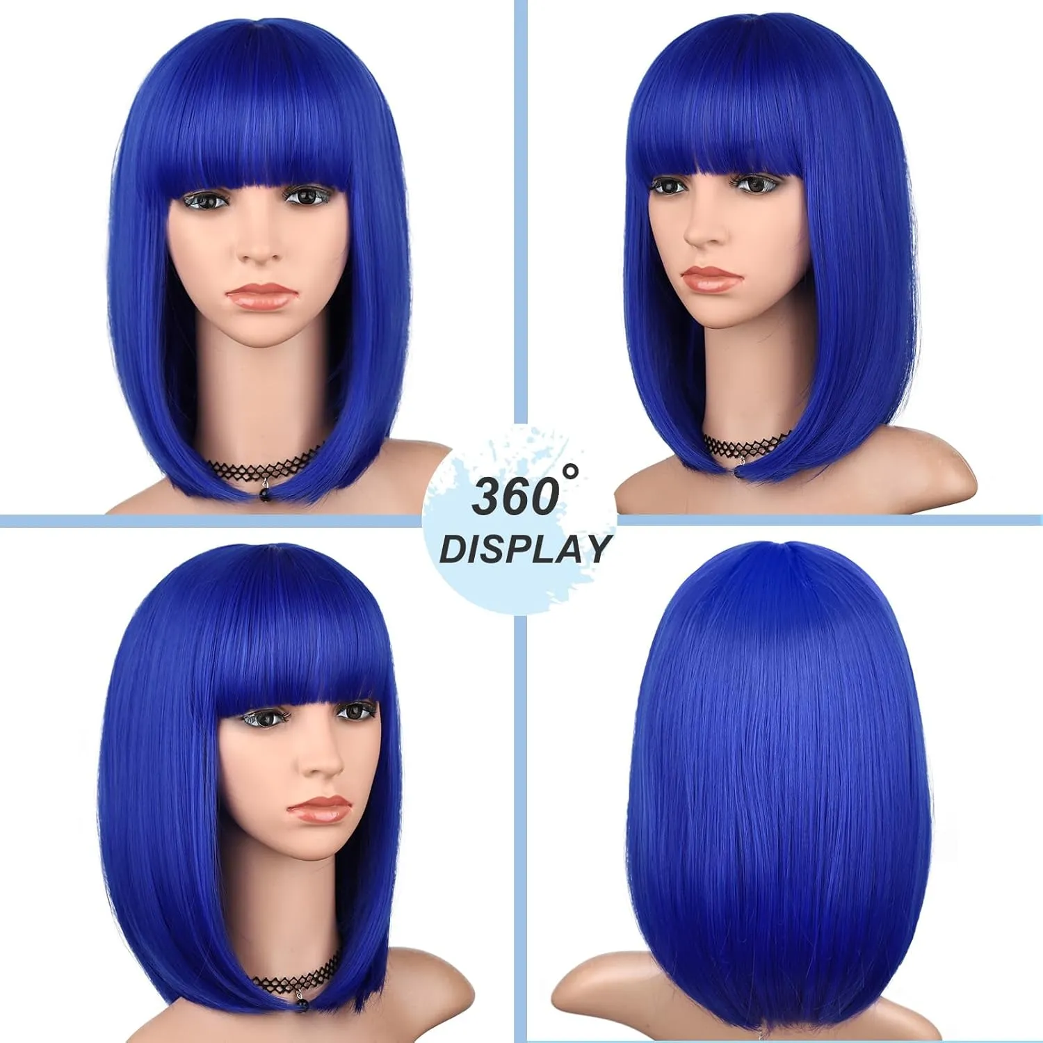 Blue Bob Wig with Bangs for Women 12 Inch Short Straight Blue Wigs Synthetic Colored Wigs