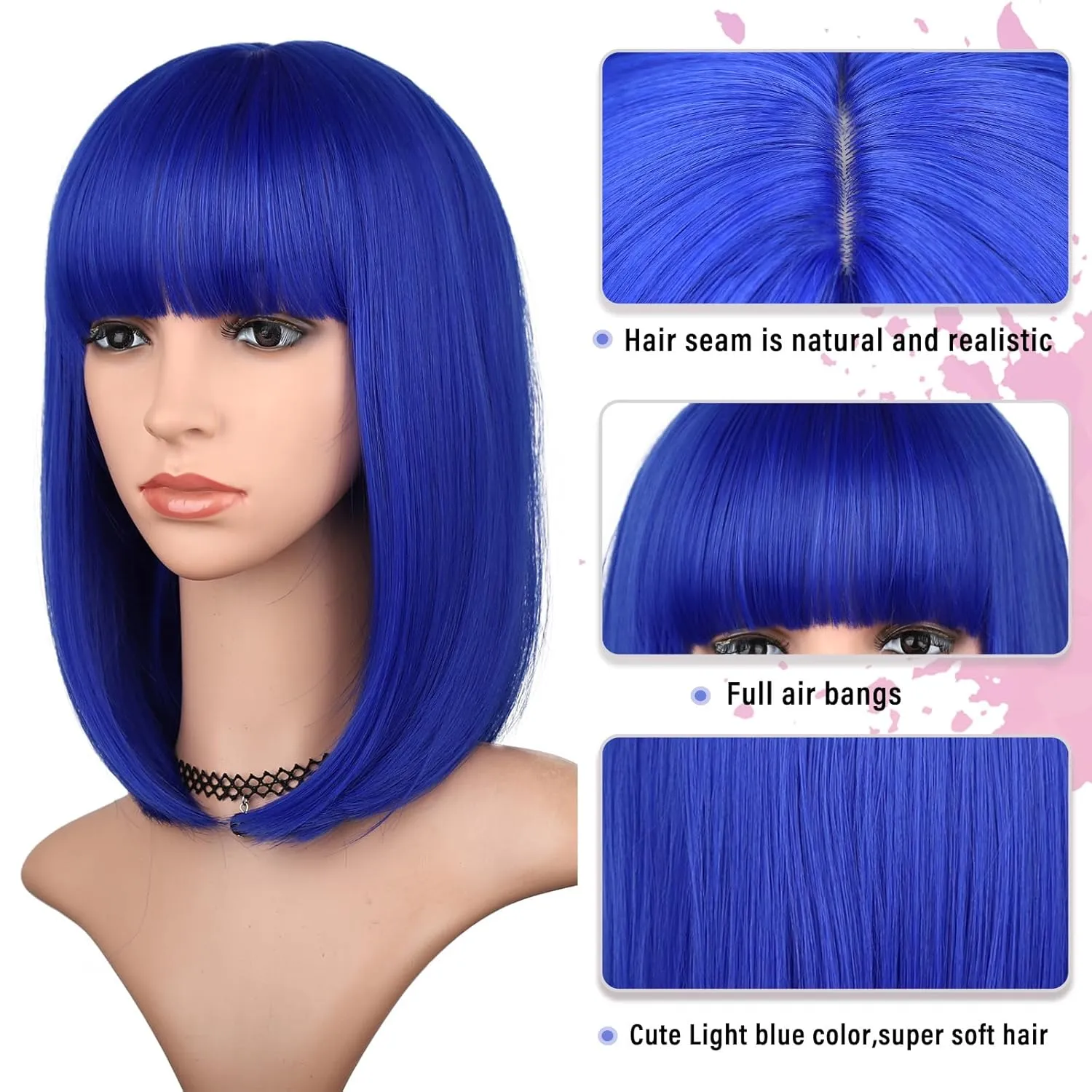Blue Bob Wig with Bangs for Women 12 Inch Short Straight Blue Wigs Synthetic Colored Wigs