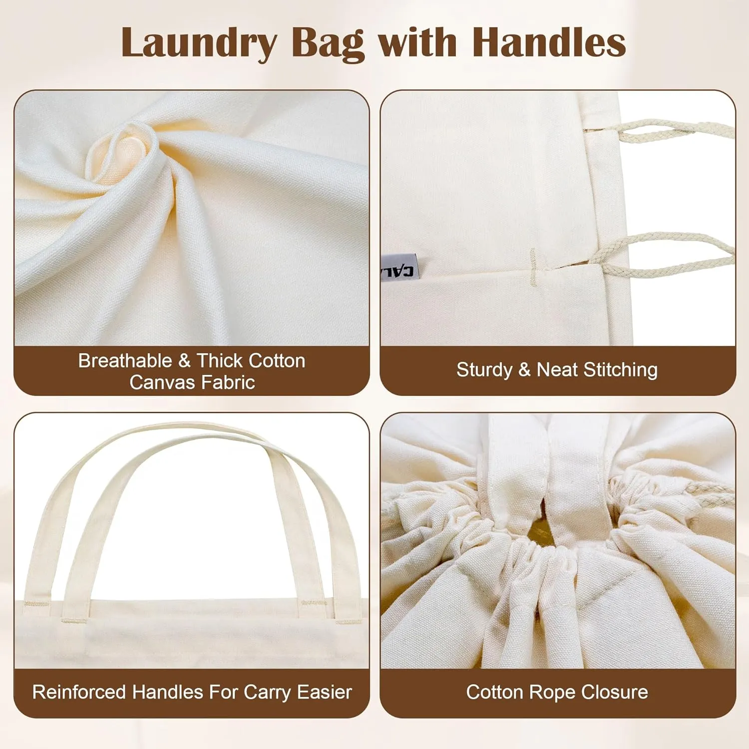 Canvas Laundry Bag with Handles & Drawstring 23.6"x35", Dirty Clothes Travel Bag, Heavy Duty Washable Cotton Laundry Sack for Travel, Camp, College (2 Pack)