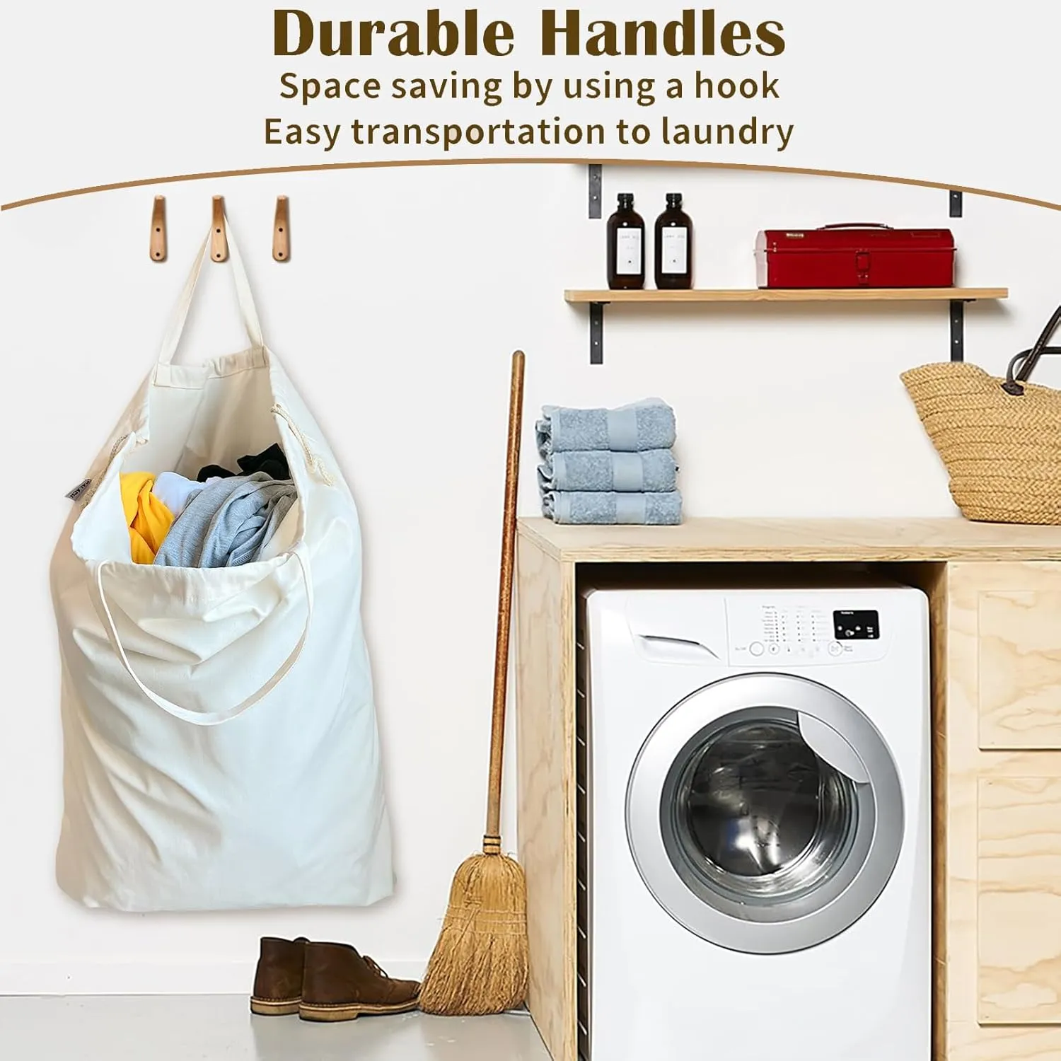 Canvas Laundry Bag with Handles & Drawstring 23.6"x35", Dirty Clothes Travel Bag, Heavy Duty Washable Cotton Laundry Sack for Travel, Camp, College (2 Pack)