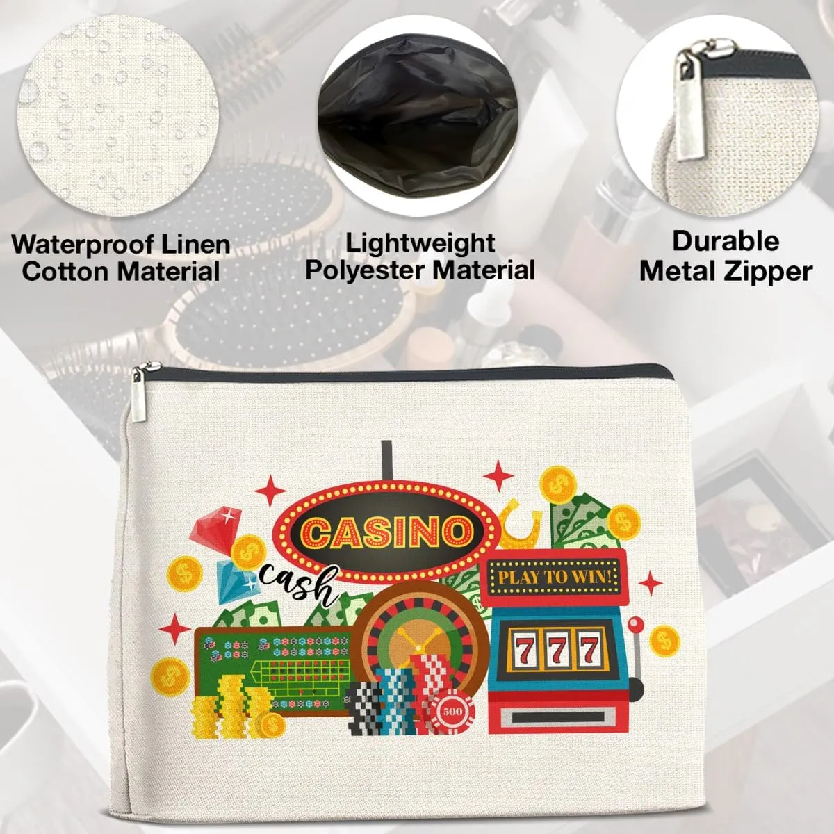 Casino Gifts Makeup Bag Last Vegas Casino Gifts for Women Friends Traveler Cosmetic Bag Casino Cash Zipper Makeup Pouch Gift, polychrome