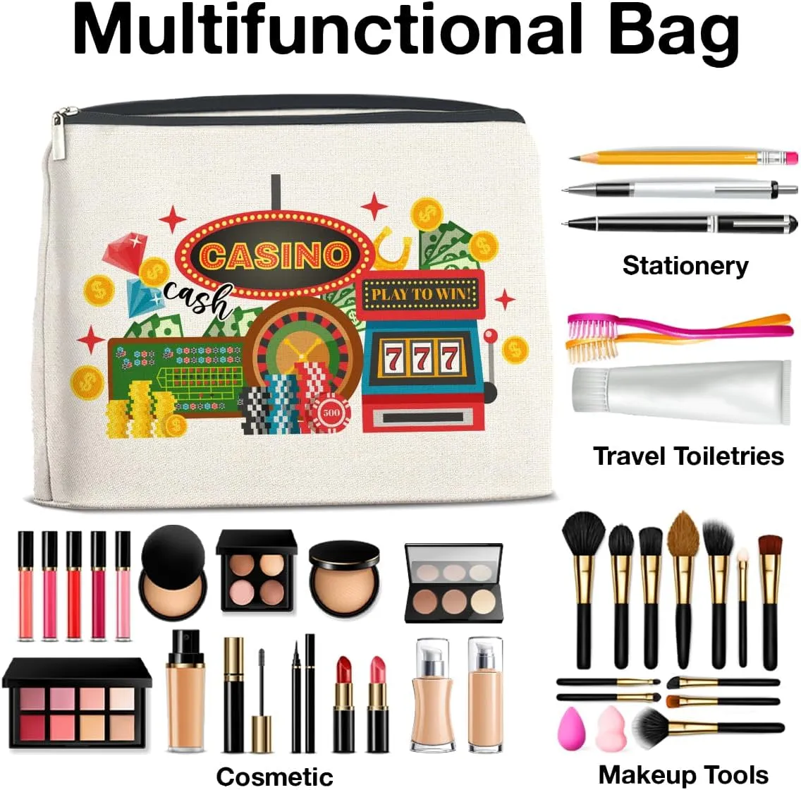 Casino Gifts Makeup Bag Last Vegas Casino Gifts for Women Friends Traveler Cosmetic Bag Casino Cash Zipper Makeup Pouch Gift, polychrome