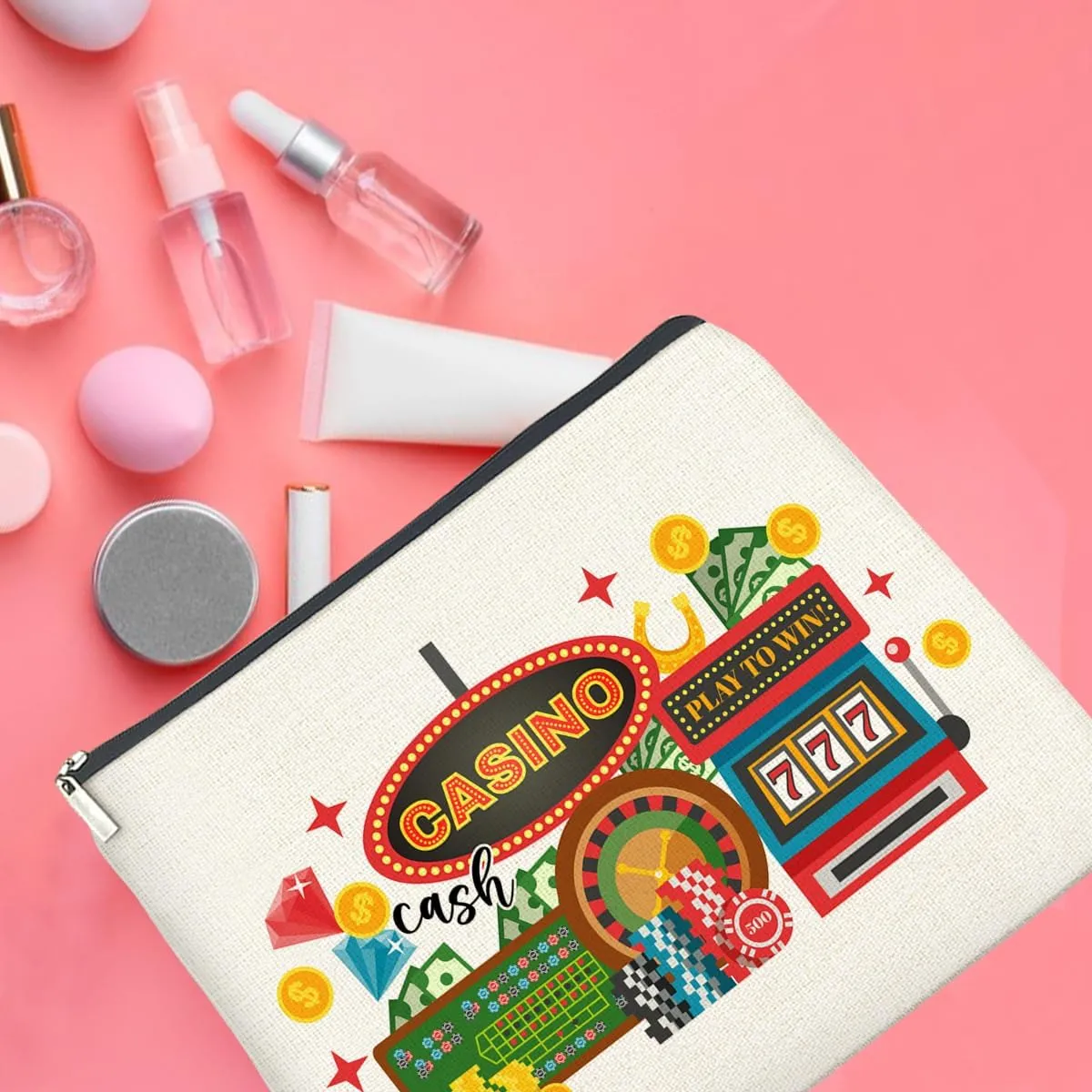Casino Gifts Makeup Bag Last Vegas Casino Gifts for Women Friends Traveler Cosmetic Bag Casino Cash Zipper Makeup Pouch Gift, polychrome