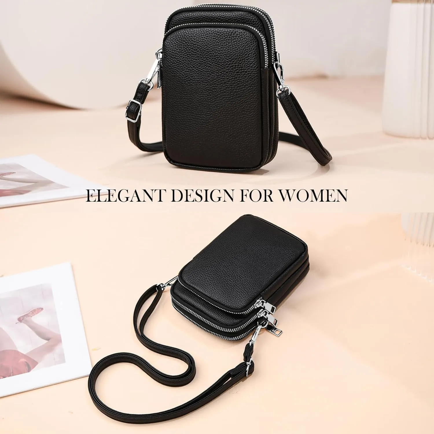 Cell Phone Purse Small Crossbody Bag for Women Men Leather Mini Shoulder Bag Wallet with Card Holder Slot Pouch Neck Strap for All Smartphones iPhone 16 Pro Max 15 Plus 14 13 12 11 X up to 7.5" Silver
