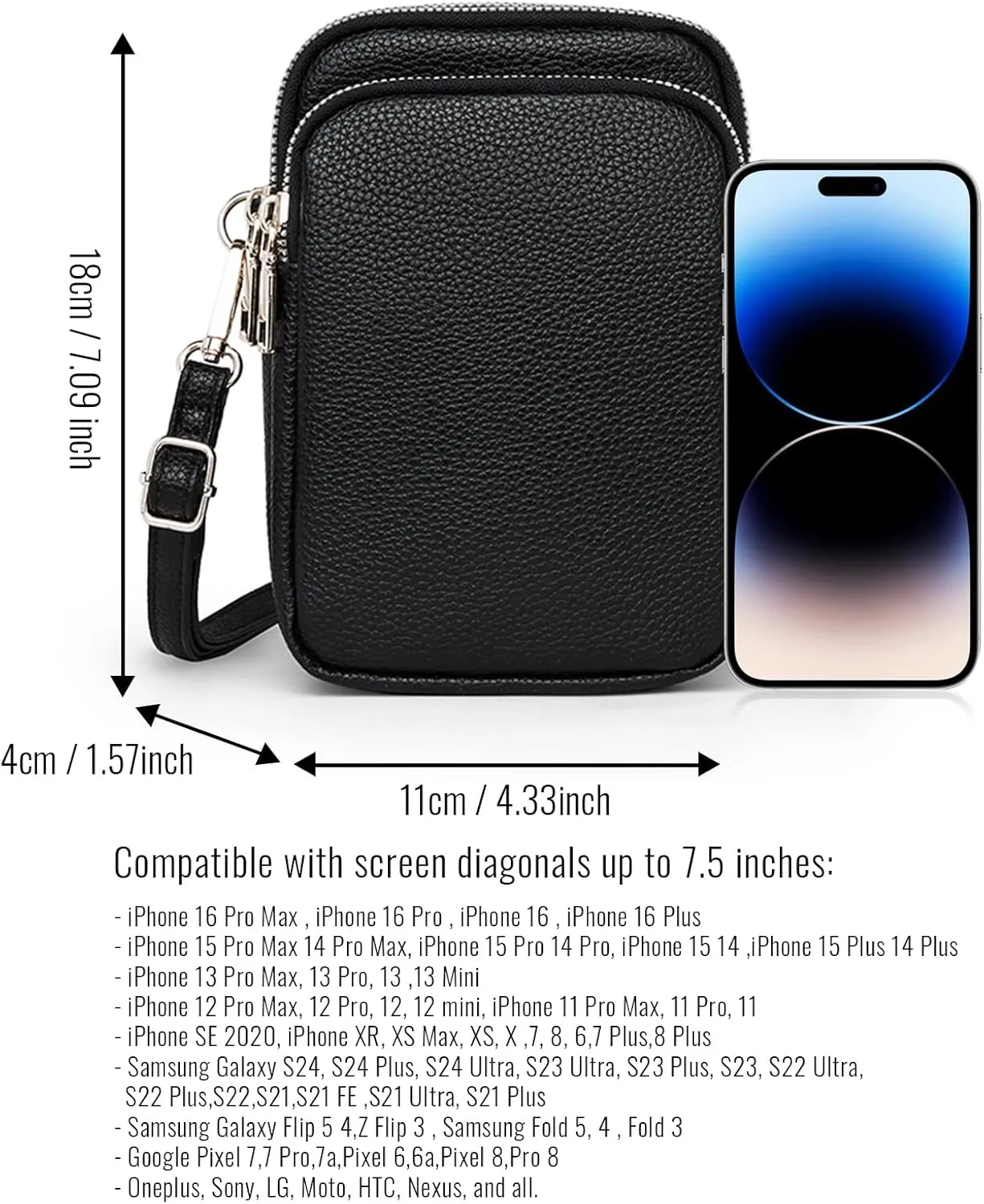 Cell Phone Purse Small Crossbody Bag for Women Men Leather Mini Shoulder Bag Wallet with Card Holder Slot Pouch Neck Strap for All Smartphones iPhone 16 Pro Max 15 Plus 14 13 12 11 X up to 7.5" Silver