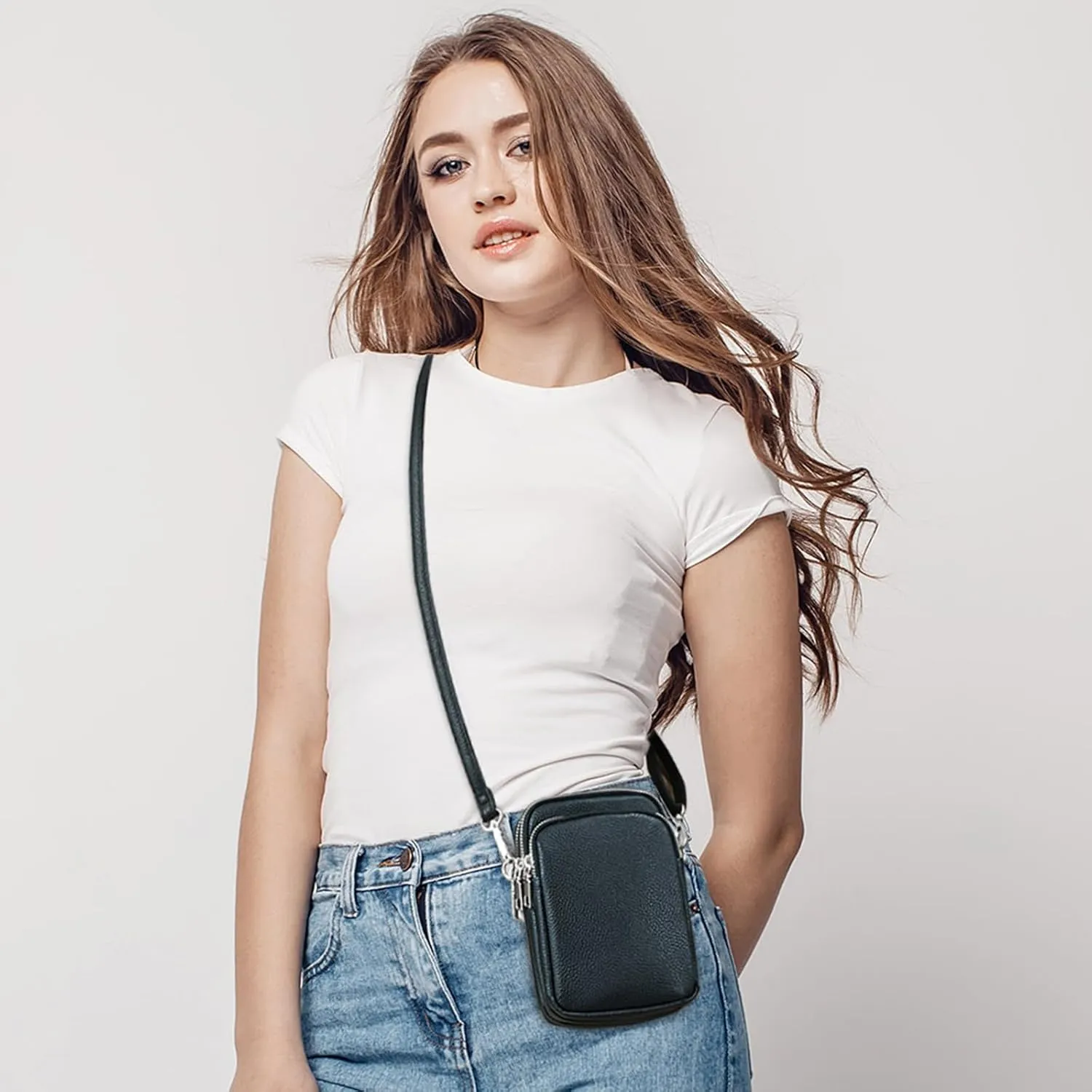 Cell Phone Purse Small Crossbody Bag for Women Men Leather Mini Shoulder Bag Wallet with Card Holder Slot Pouch Neck Strap for All Smartphones iPhone 16 Pro Max 15 Plus 14 13 12 11 X up to 7.5" Silver