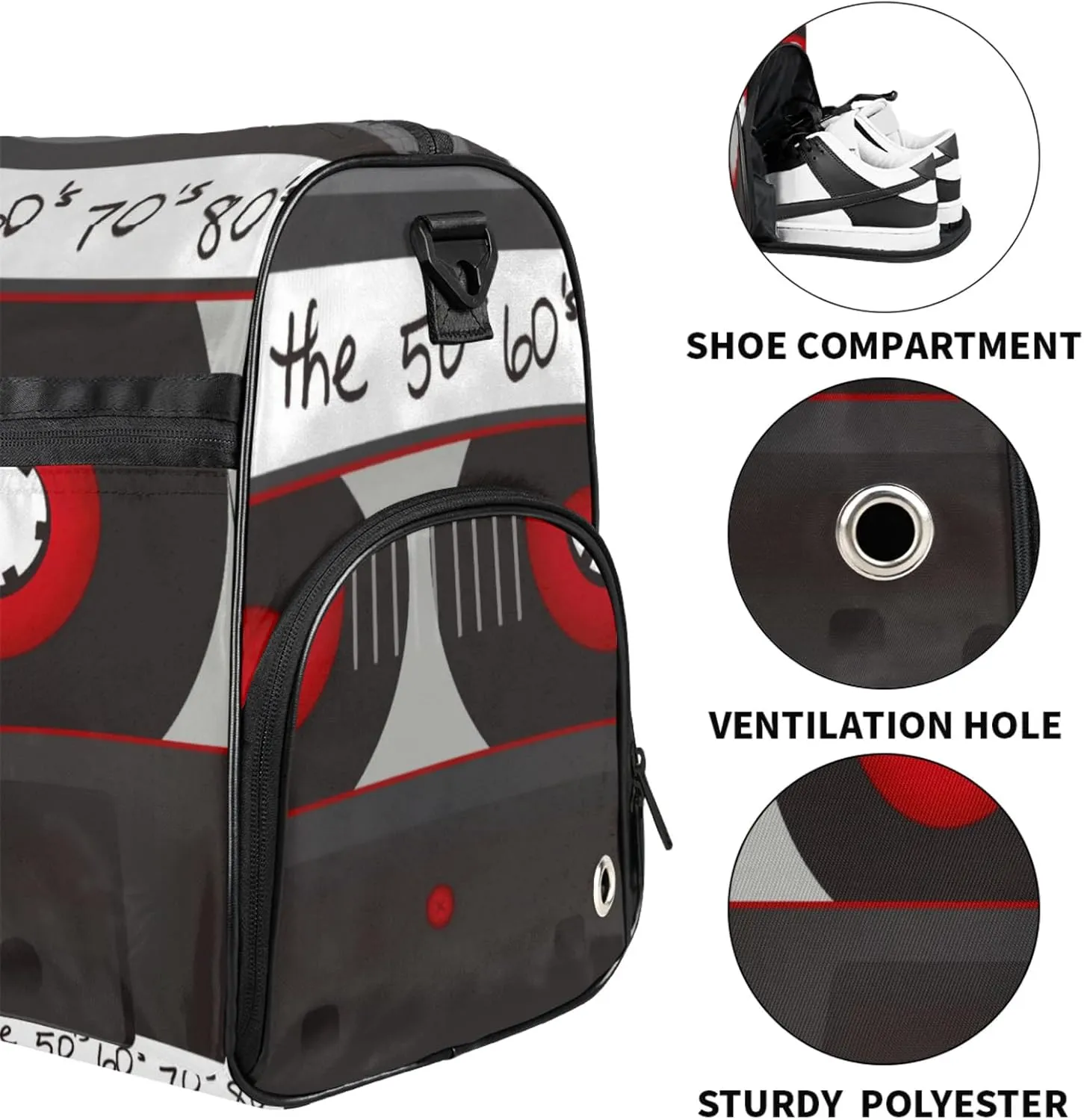 Classic Gym Bag for Womens Mens with Shoes Compartment, Cartoon Cassette Duffle Bag for Airplane Sport Gym Tote Bags Yoga Waterproof Weekender Travel Bag