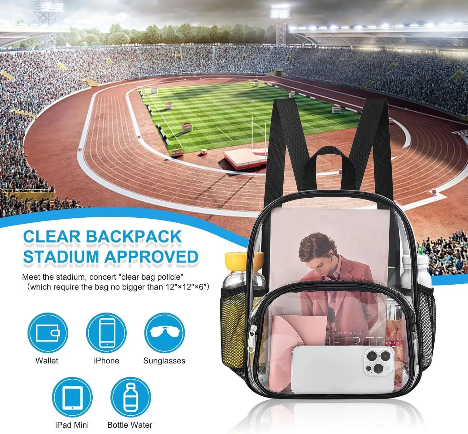 Clear Backpack for Stadium Events Clear Backpack 12x12x6 with Front Pocket for Concert Sport Fashion Women Backpack Events Work Travel