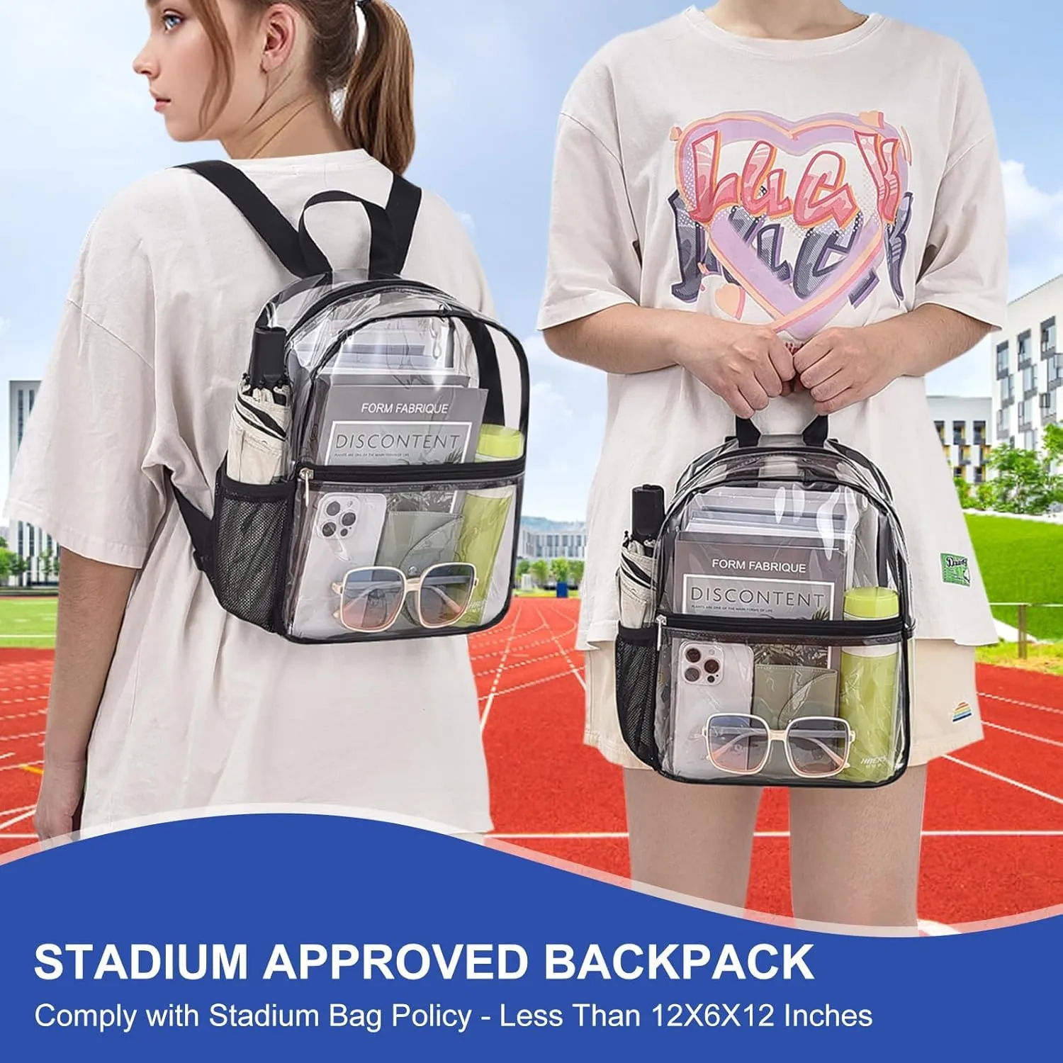 Clear Backpack Stadium Approved 12126 Clear Mini Backpack Small Transparent Backpack for Concert, Beach, Work, Travel & SportingBlack