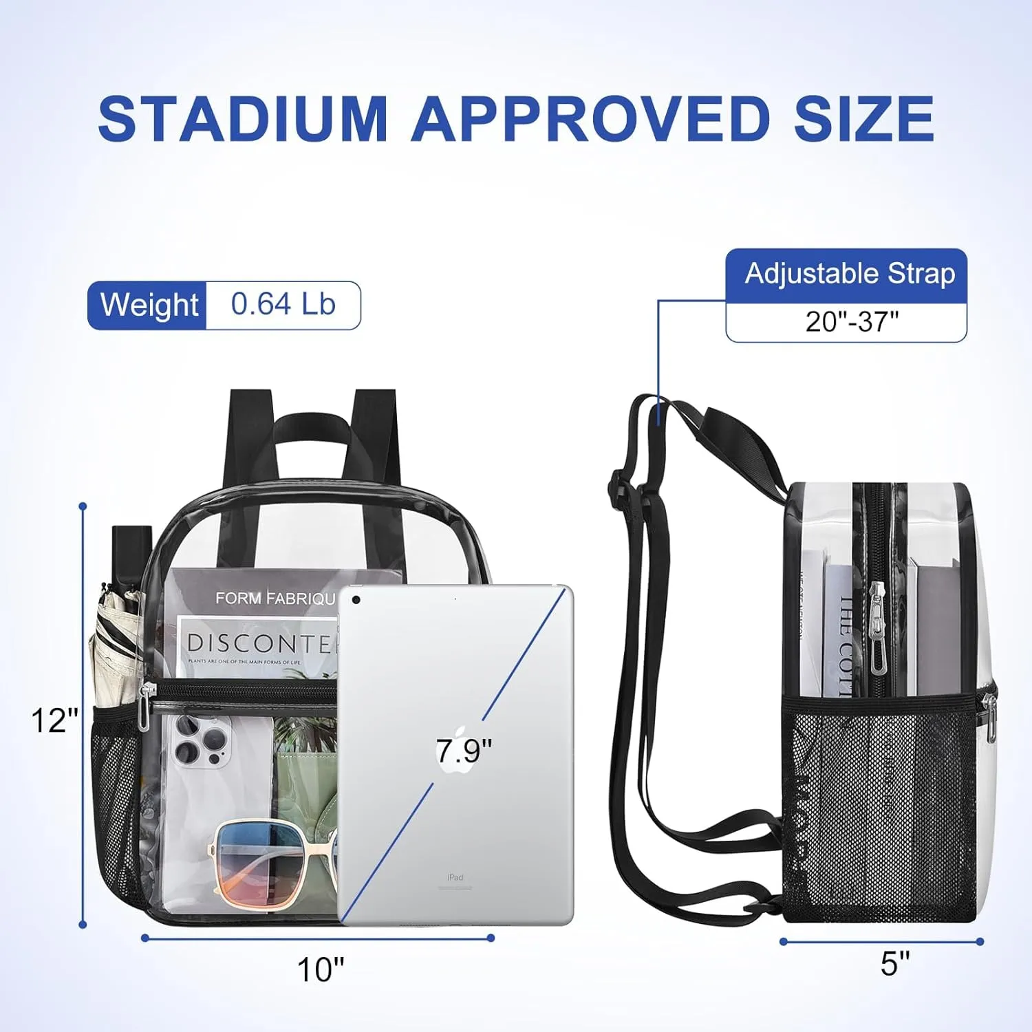 Clear Backpack Stadium Approved 12126 Clear Mini Backpack Small Transparent Backpack for Concert, Beach, Work, Travel & SportingBlack
