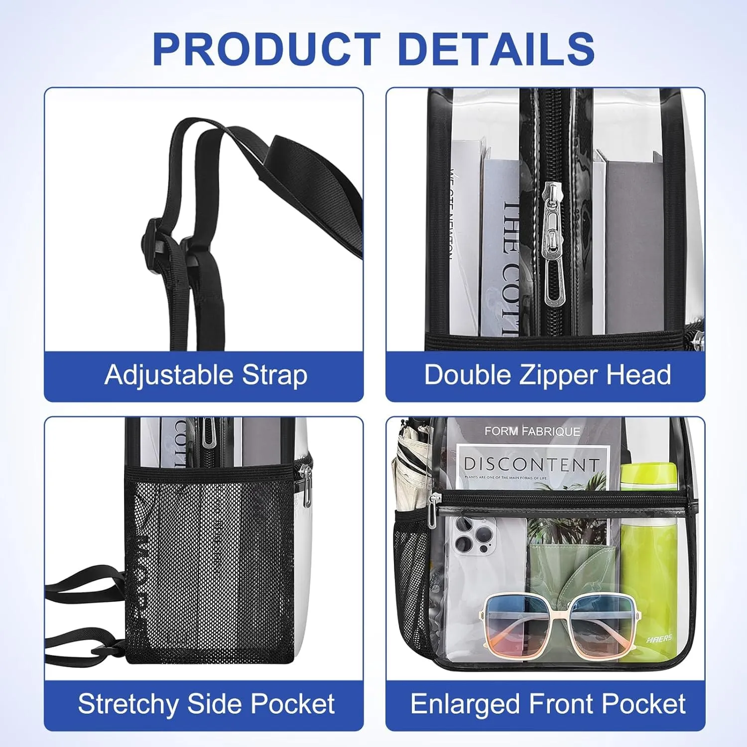 Clear Backpack Stadium Approved 12126 Clear Mini Backpack Small Transparent Backpack for Concert, Beach, Work, Travel & SportingBlack