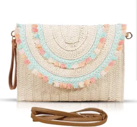 Clutch Purses for Women, Straw Bag, Colorful Tassels Envelope Package, Bohemian Handbags for Vacation, Travel, Daily Matching