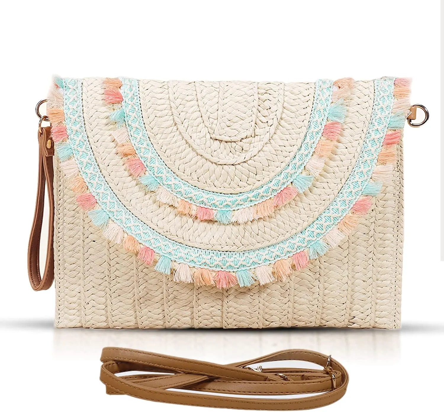 Clutch Purses for Women, Straw Bag, Colorful Tassels Envelope Package, Bohemian Handbags for Vacation, Travel, Daily Matching