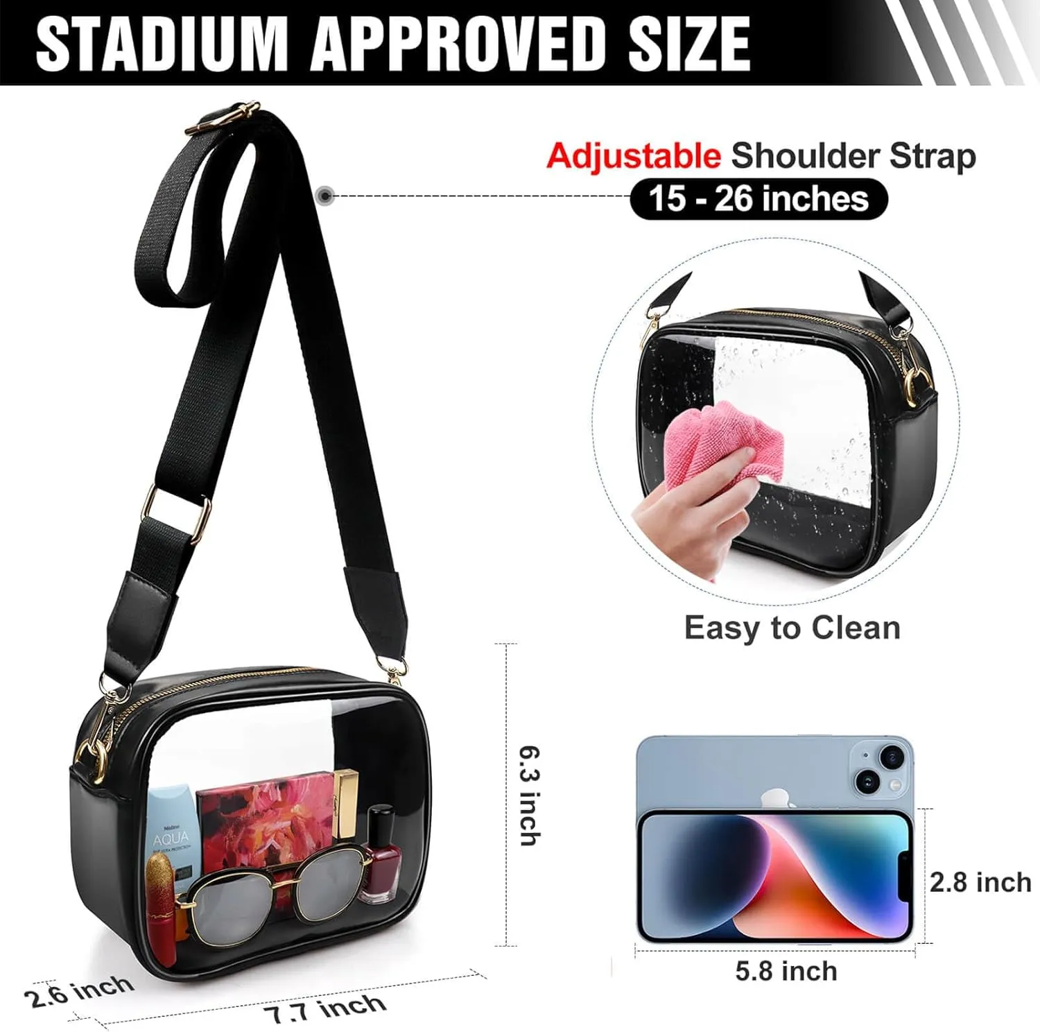 COROMAY Clear Bag Stadium Approved, Crossbody Purse with Adjustable Strap, Leather Bag for Stadium Events
