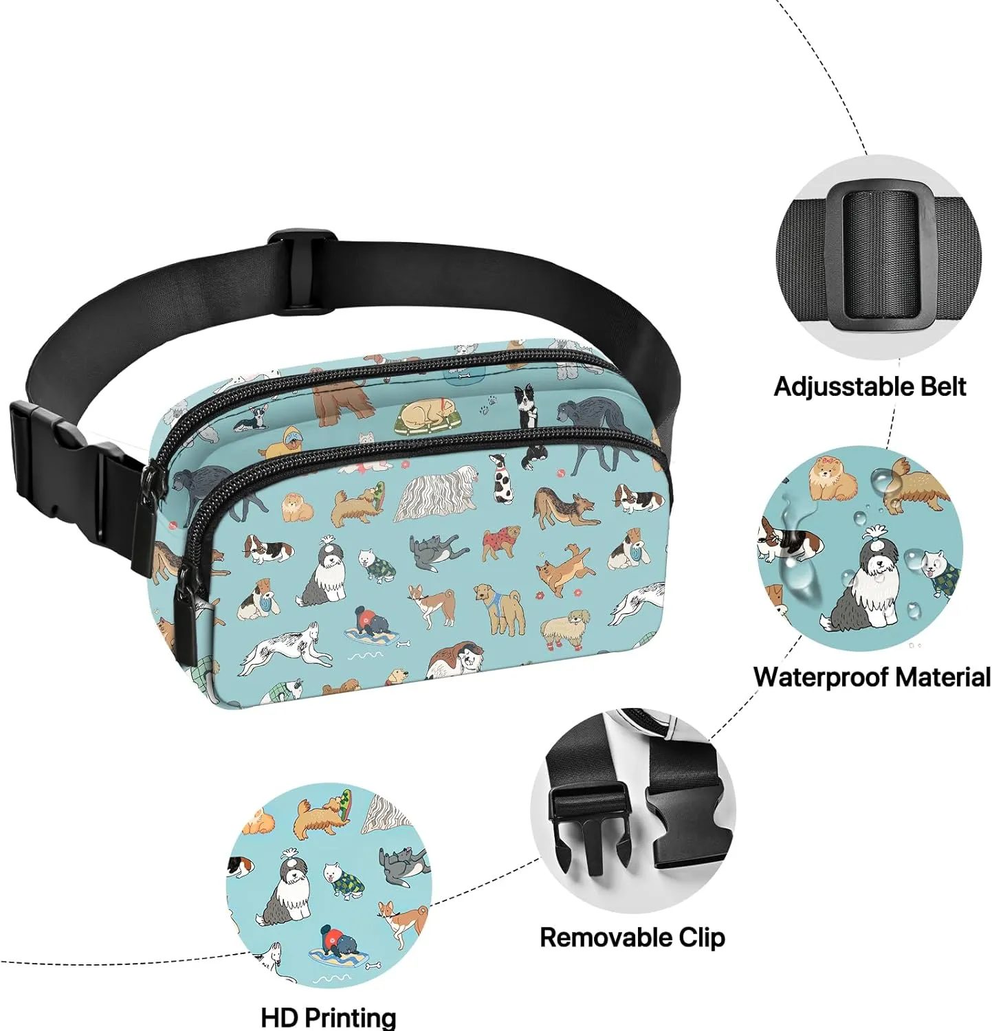 Dog Fanny Pack for Women Belt Bag Fashion Waist Pouch with Adjustable Strap for Sports Running Traveling Hiking Camping Cycling