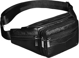 Fanny Pack, Genuine Leather Fanny Pack For Women Or Men, Large Cowhide 6 Zipper Pockets With Adjustable Strap Of Belt Waist Pack For Daily LifeTravelling Running, Hiking Black a