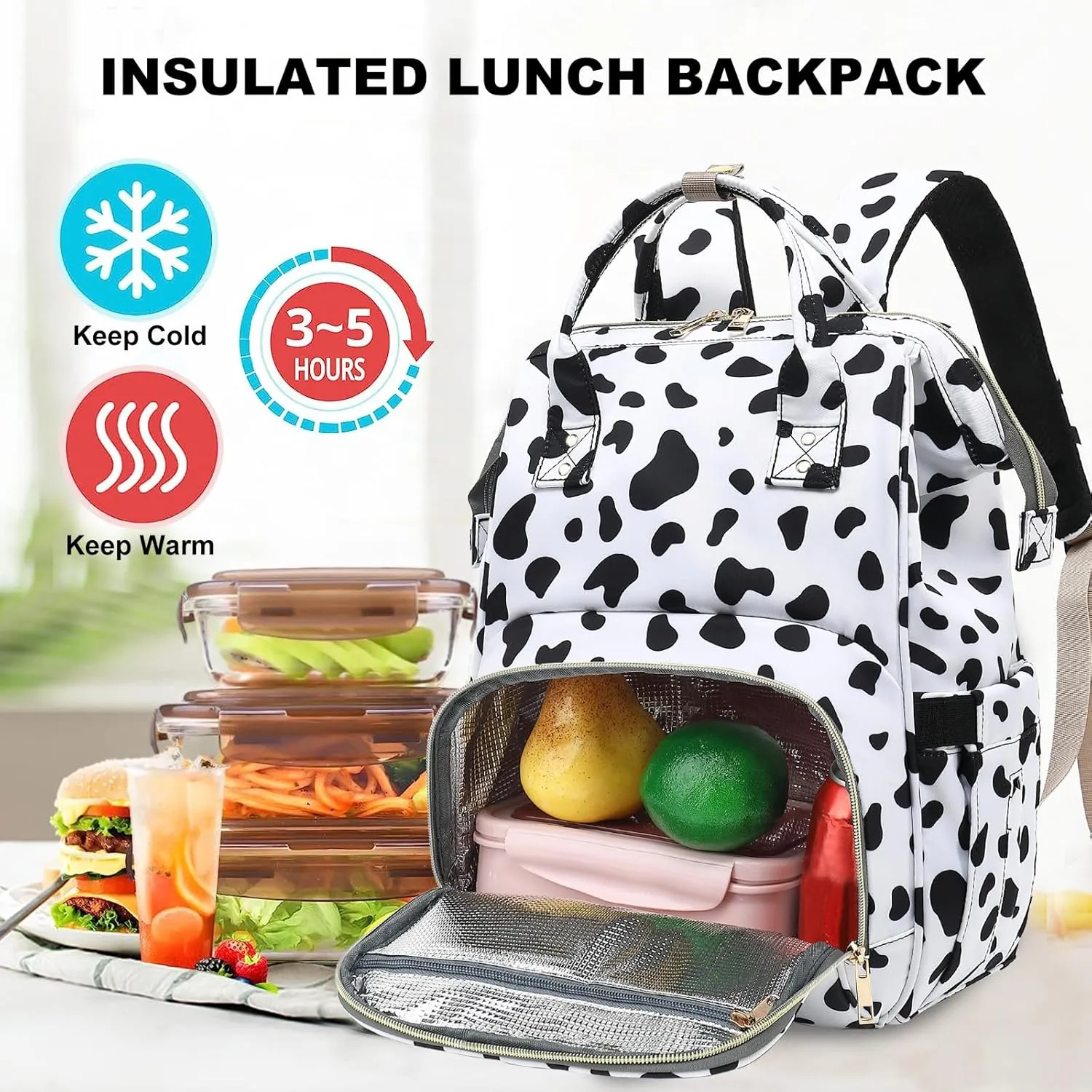 Fuyicat Cow Print Insulated Lunch Laptop Backpack Backpack for Women, Girls School Backpack College Bookbags Picnic Cooler Backpack