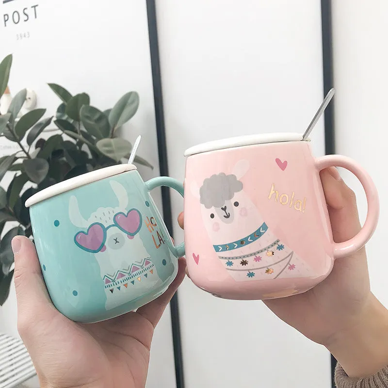Green - Cute cartoon Llama Potbelly Ceramic cup with Lid and Spoon