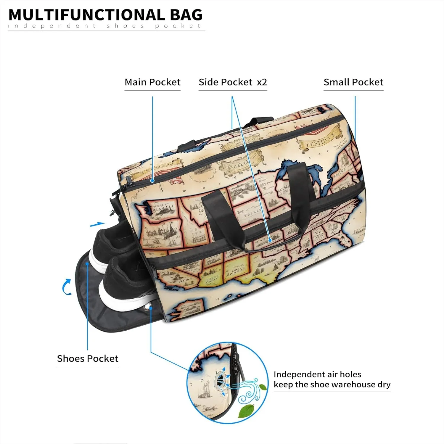 Gym Bag for Women Men, Yoga Bag with Shoe Pocket, Travel Duffel Tote Bag for Plane, Workout, Swimming, Weekend Overnight Bag Carry on Bag Hospital Holdalls, America Map - 31