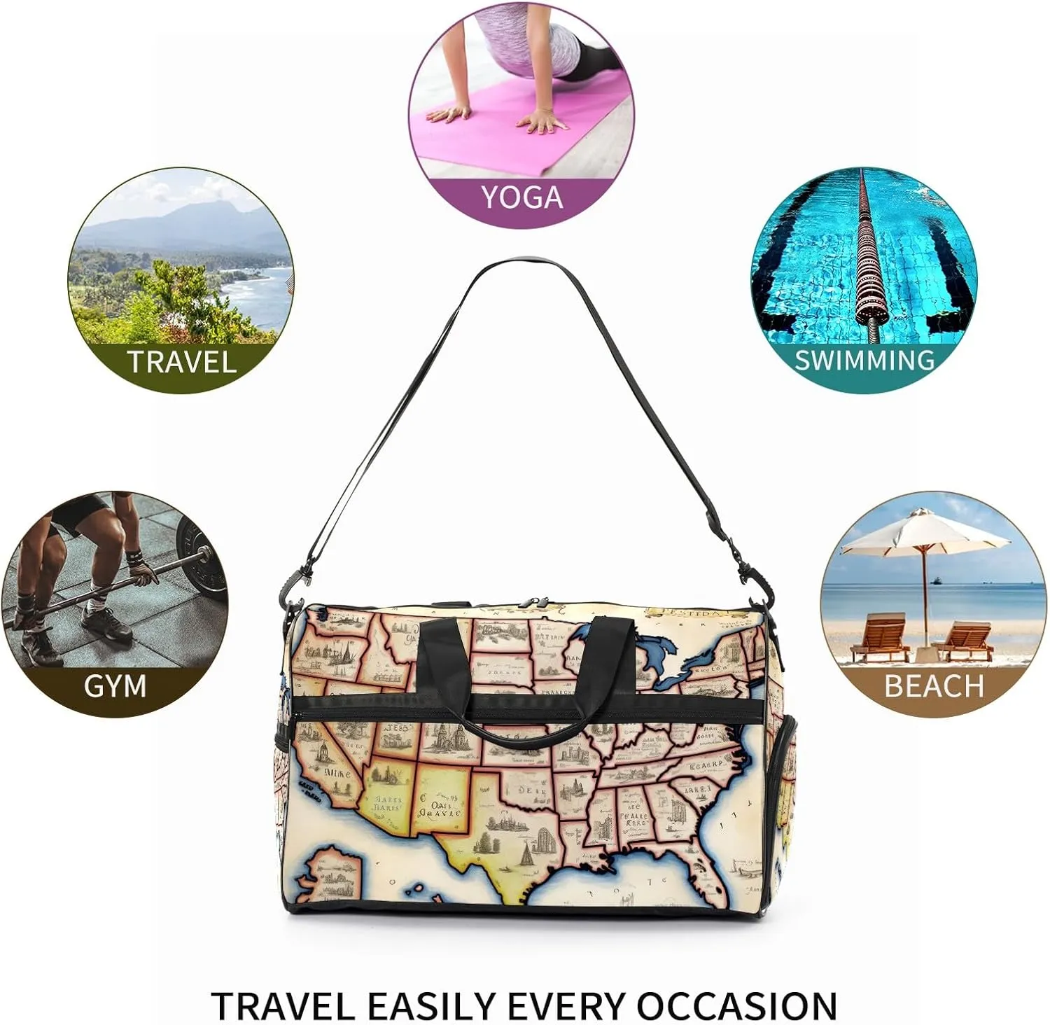 Gym Bag for Women Men, Yoga Bag with Shoe Pocket, Travel Duffel Tote Bag for Plane, Workout, Swimming, Weekend Overnight Bag Carry on Bag Hospital Holdalls, America Map - 31