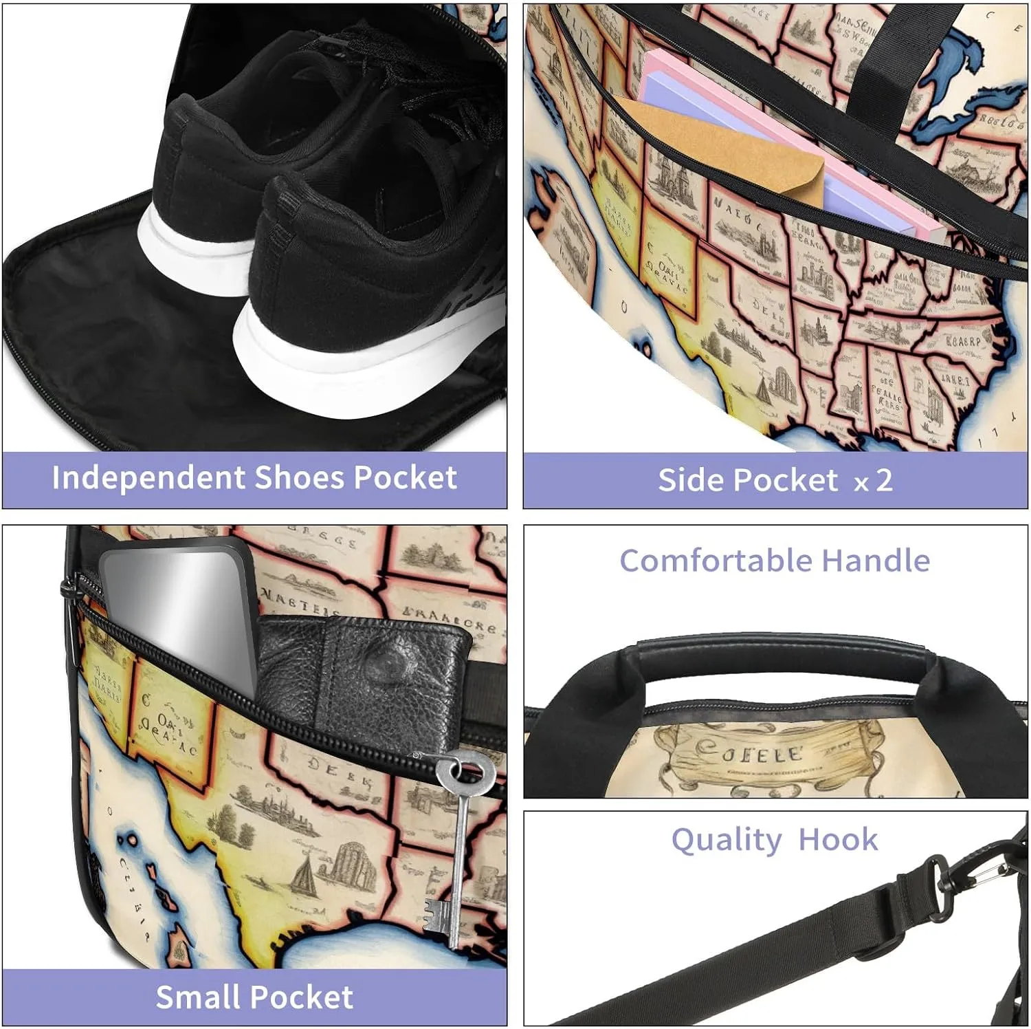 Gym Bag for Women Men, Yoga Bag with Shoe Pocket, Travel Duffel Tote Bag for Plane, Workout, Swimming, Weekend Overnight Bag Carry on Bag Hospital Holdalls, America Map - 31