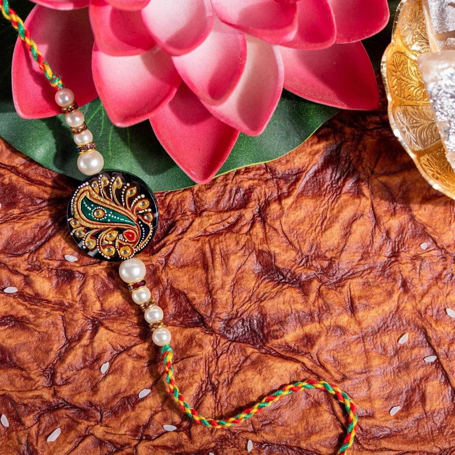 Handmade Designer Semi Precious Hand Painted Tanjore Rakhi with Roli and Chawal for Brother's Blessing