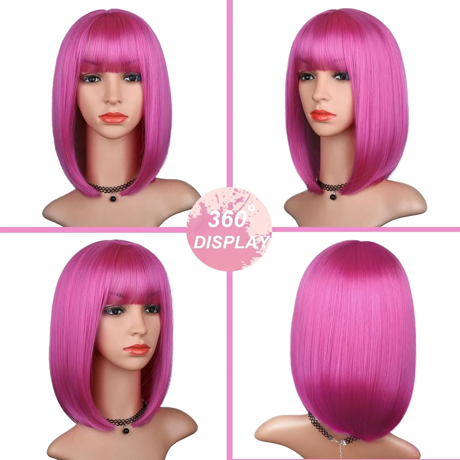 Hot Pink Bob Wig with Bangs for Women 12 Inch Short Straight Pink Wigs Synthetic Colorful Wigs