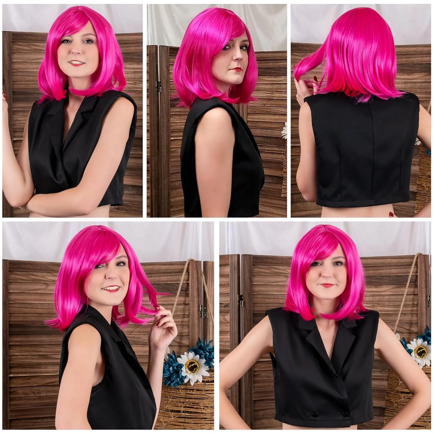 Hot Pink Bob Wig with Bangs for Women 12 Inch Short Straight Pink Wigs Synthetic Colorful Wigs