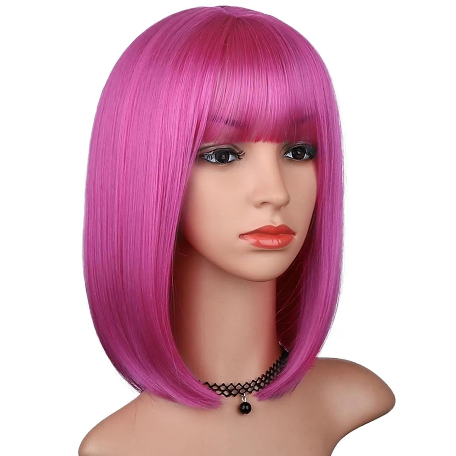 Hot Pink Bob Wig with Bangs for Women 12 Inch Short Straight Pink Wigs Synthetic Colorful Wigs