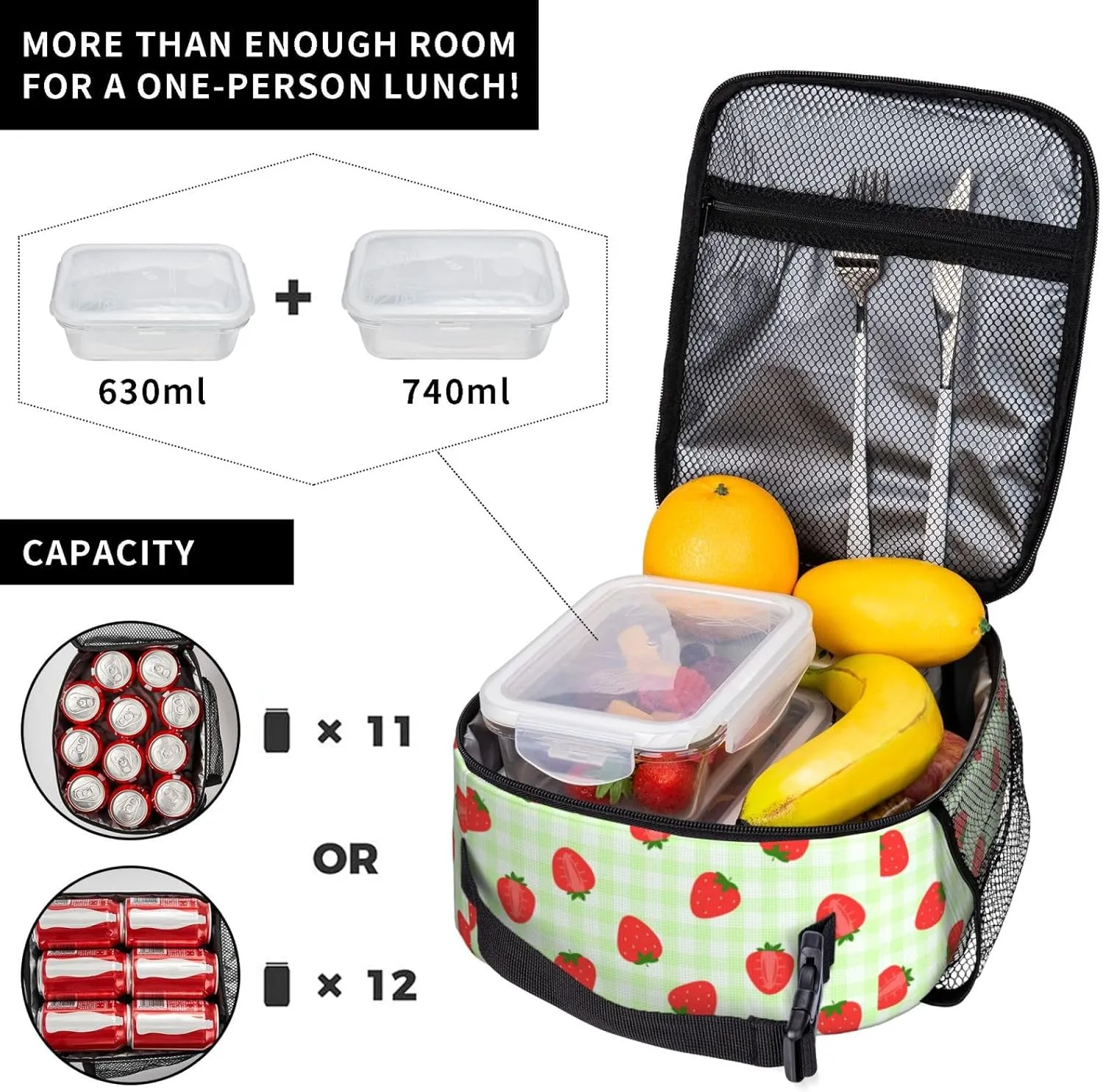 Kid Lunch Bag Insulated Reusable Lightweight Water-Resistant LunchBag with Water Bottle Holder Suitable for Girls Boys Lunch Tote (Green grid strawberry)
