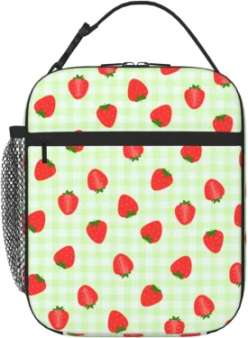Kid Lunch Bag Insulated Reusable Lightweight Water-Resistant LunchBag with Water Bottle Holder Suitable for Girls Boys Lunch Tote (Green grid strawberry)