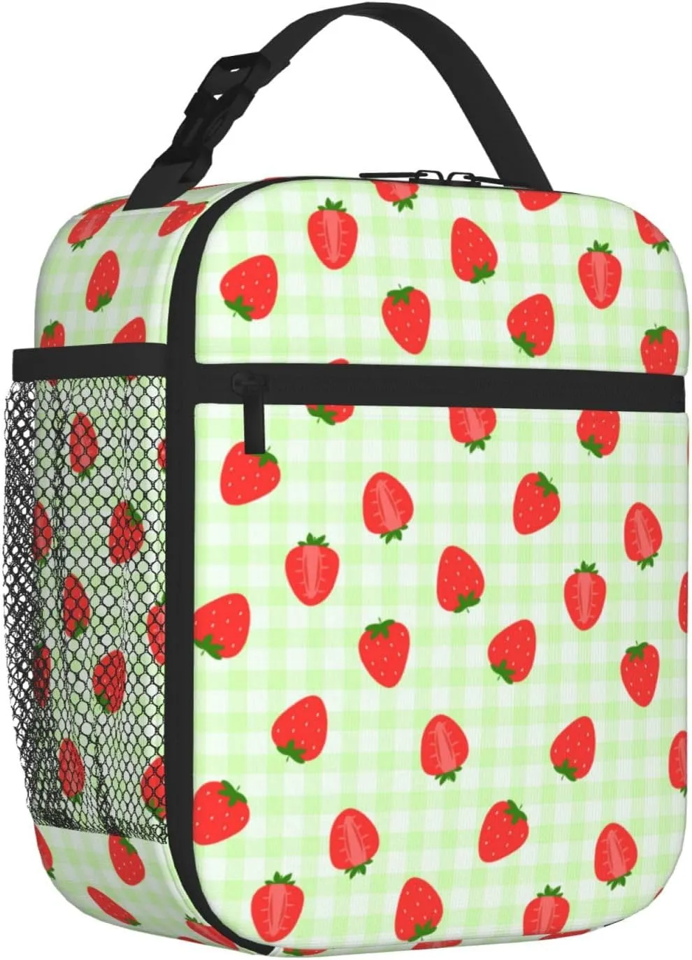 Kid Lunch Bag Insulated Reusable Lightweight Water-Resistant LunchBag with Water Bottle Holder Suitable for Girls Boys Lunch Tote (Green grid strawberry)