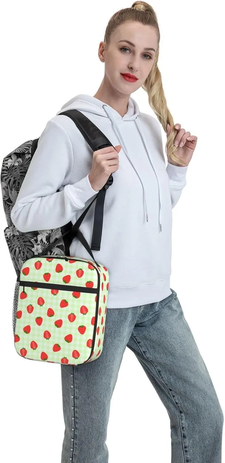 Kid Lunch Bag Insulated Reusable Lightweight Water-Resistant LunchBag with Water Bottle Holder Suitable for Girls Boys Lunch Tote (Green grid strawberry)