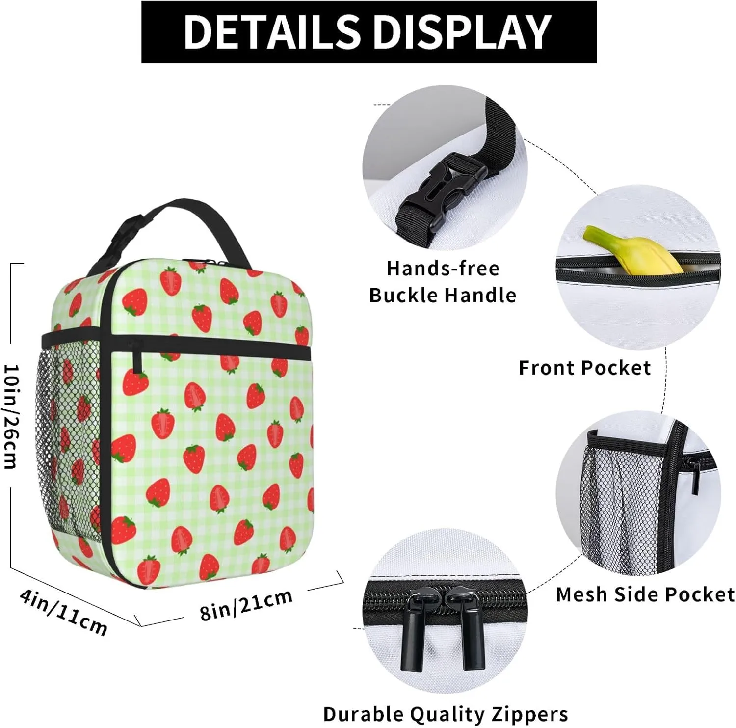 Kid Lunch Bag Insulated Reusable Lightweight Water-Resistant LunchBag with Water Bottle Holder Suitable for Girls Boys Lunch Tote (Green grid strawberry)