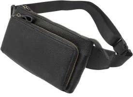 Leather Waist Pack Fanny Bag for Men Women Outdoor Travel Sports Hiking Running Hip Bum Belt Slim Cell Phone Purse Wallet Zipper Casual Pouch Black