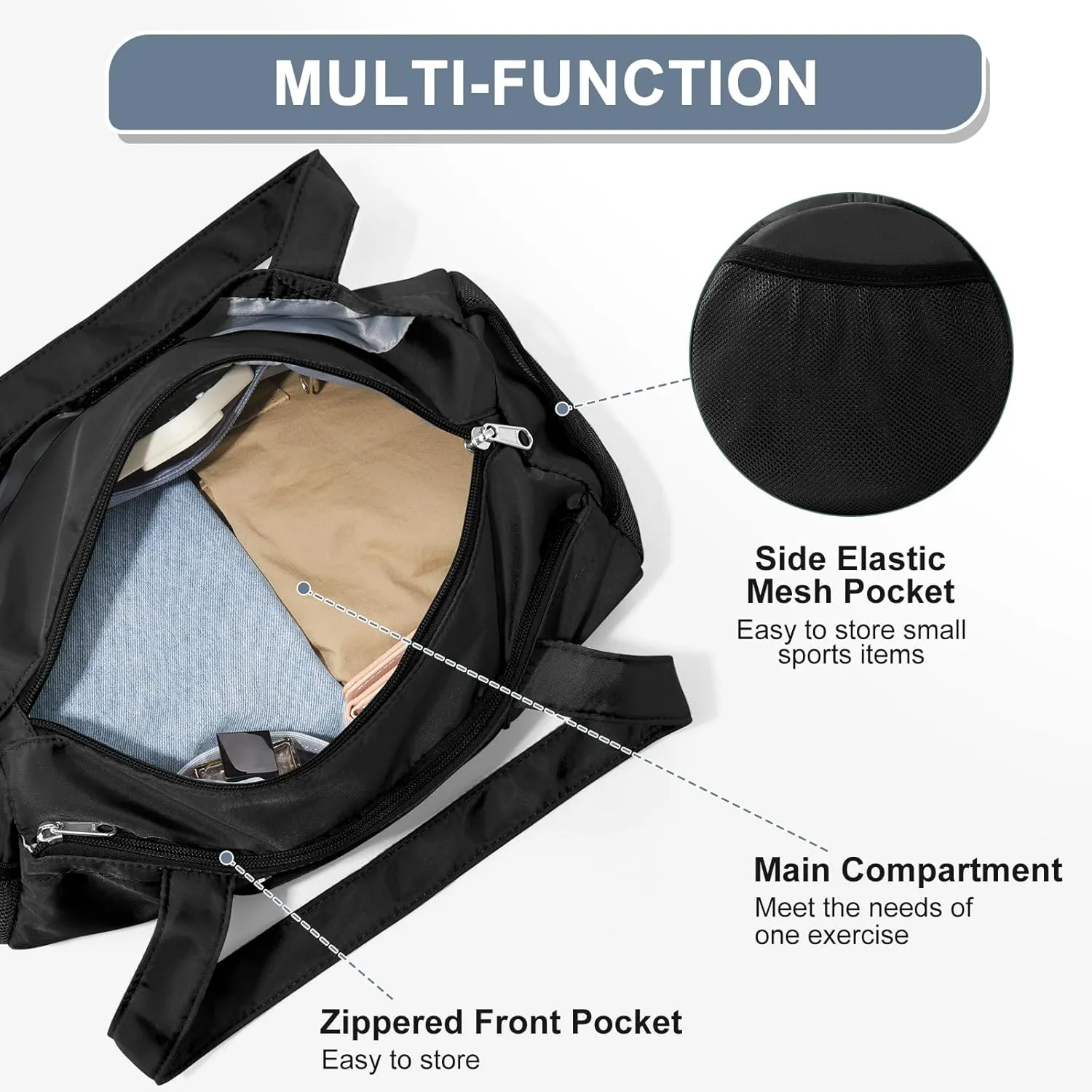 Mini Duffle Bag 13.78 Small Gym Bag, Lightweight Carry On Weekender Overnight Bag for Women Travel, Sport, Easy Daily Outings, 13.78"x6.7"x6.7", Black