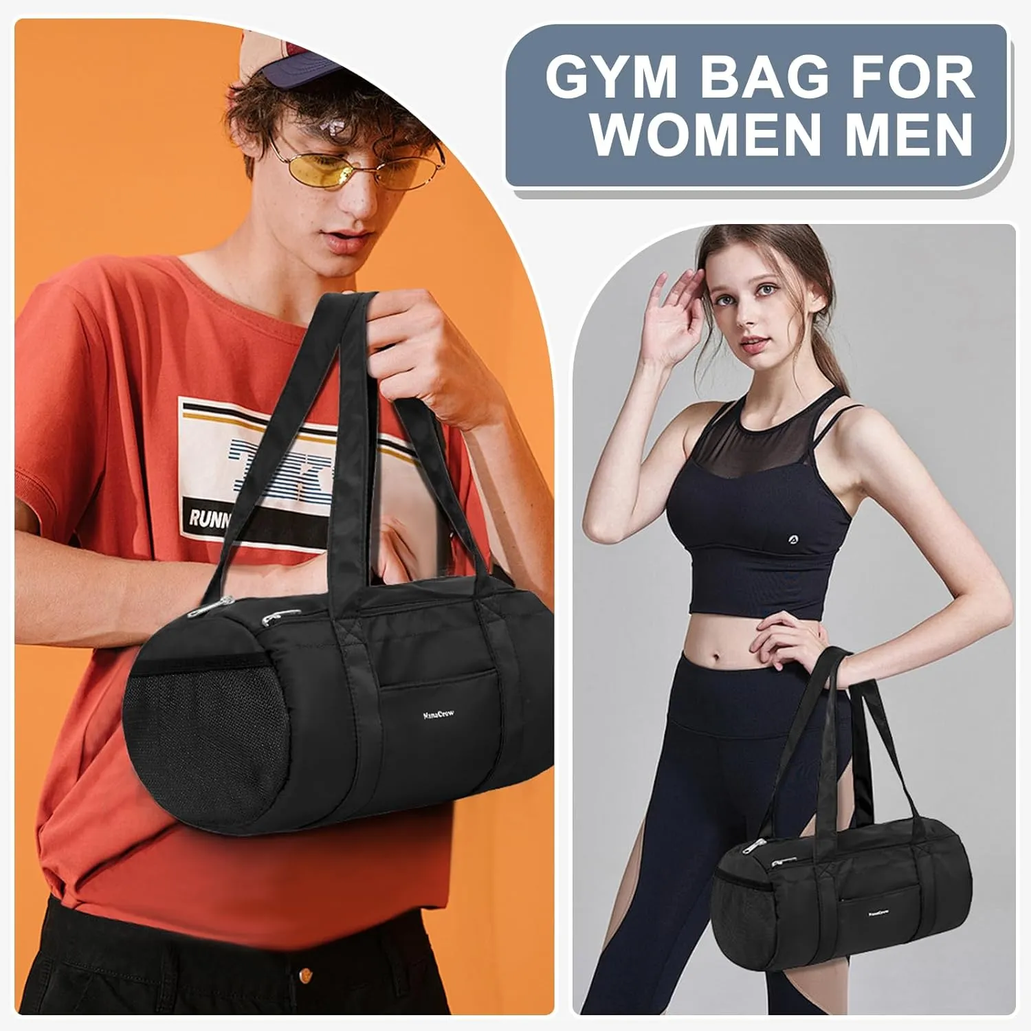 Mini Duffle Bag 13.78 Small Gym Bag, Lightweight Carry On Weekender Overnight Bag for Women Travel, Sport, Easy Daily Outings, 13.78"x6.7"x6.7", Black