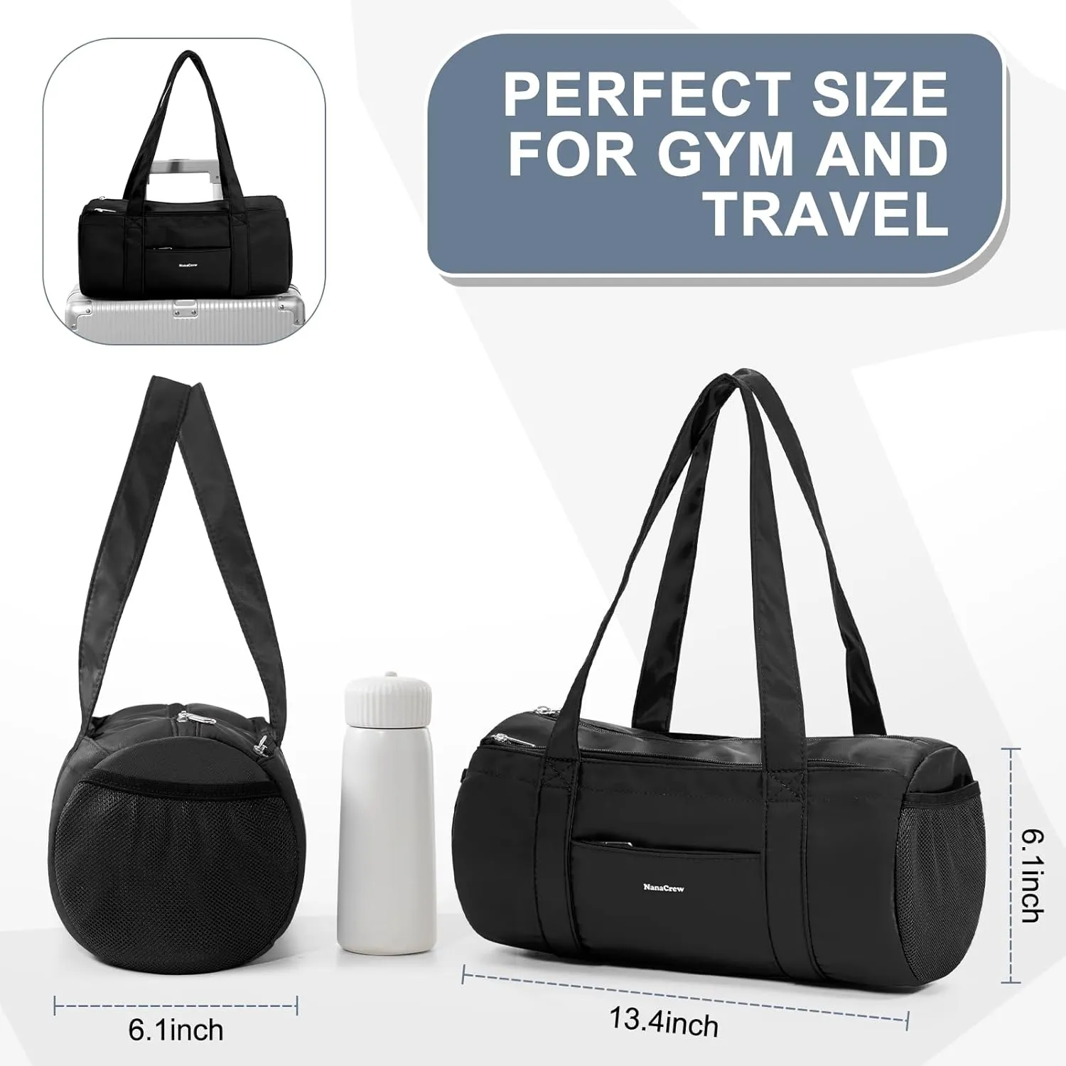 Mini Duffle Bag 13.78 Small Gym Bag, Lightweight Carry On Weekender Overnight Bag for Women Travel, Sport, Easy Daily Outings, 13.78"x6.7"x6.7", Black