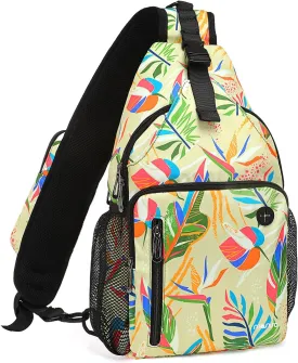 MOSISO Sling Backpack Bag, Crossbody Shoulder Bag Travel Hiking Daypack Colorful Art Plant Leaves Chest Bag with Front Square Pocket&USB Charging Port, Yellow