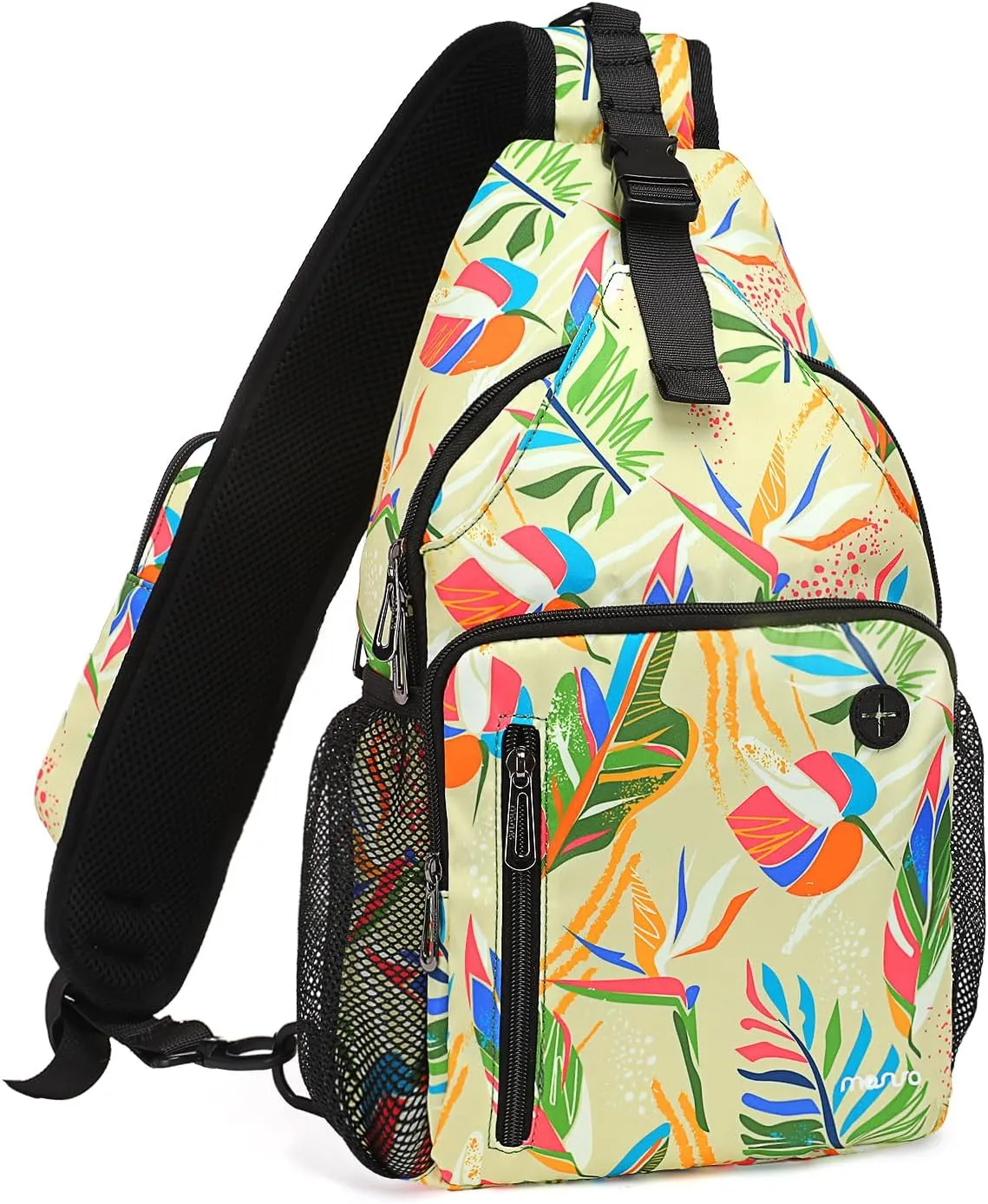 MOSISO Sling Backpack Bag, Crossbody Shoulder Bag Travel Hiking Daypack Colorful Art Plant Leaves Chest Bag with Front Square Pocket&USB Charging Port, Yellow