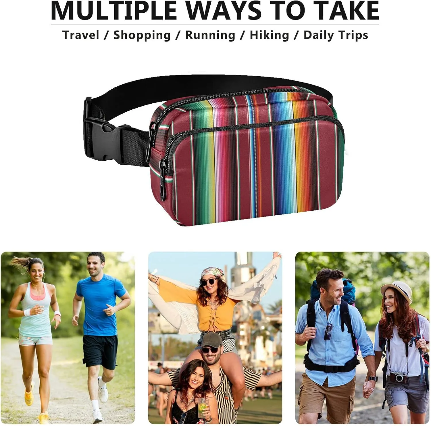 Oyihfvs Mexican Colorful Serape Stripes Adjustable Fanny Waist Pack Pouch, Waterproof Runners Sports Waist Pack Wallet for Sports Hiking Fitness Cycling Gym Women Men