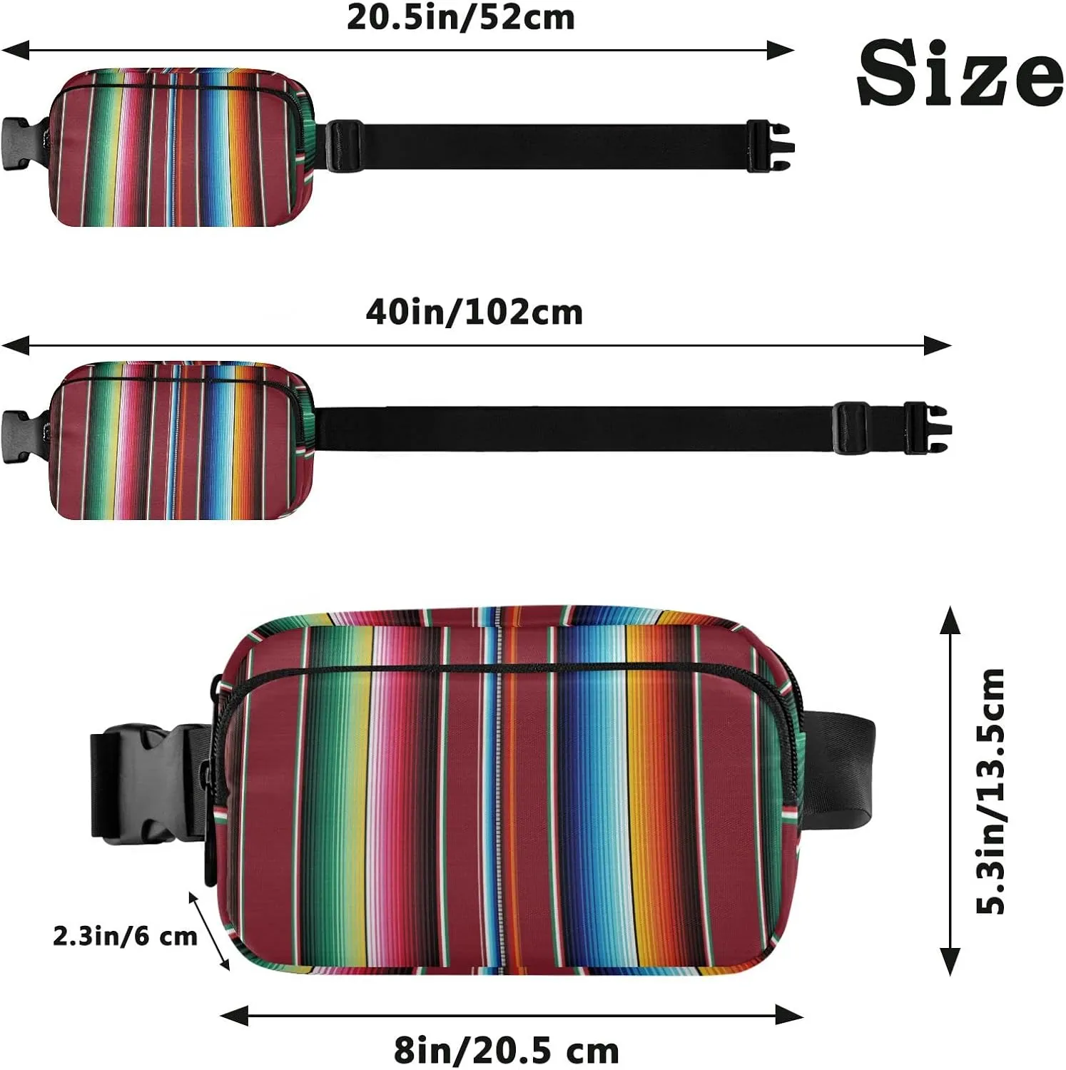 Oyihfvs Mexican Colorful Serape Stripes Adjustable Fanny Waist Pack Pouch, Waterproof Runners Sports Waist Pack Wallet for Sports Hiking Fitness Cycling Gym Women Men