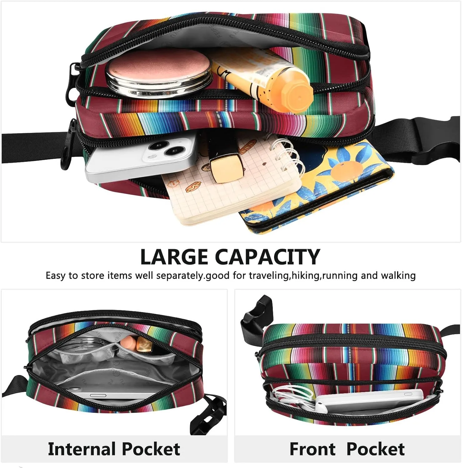 Oyihfvs Mexican Colorful Serape Stripes Adjustable Fanny Waist Pack Pouch, Waterproof Runners Sports Waist Pack Wallet for Sports Hiking Fitness Cycling Gym Women Men