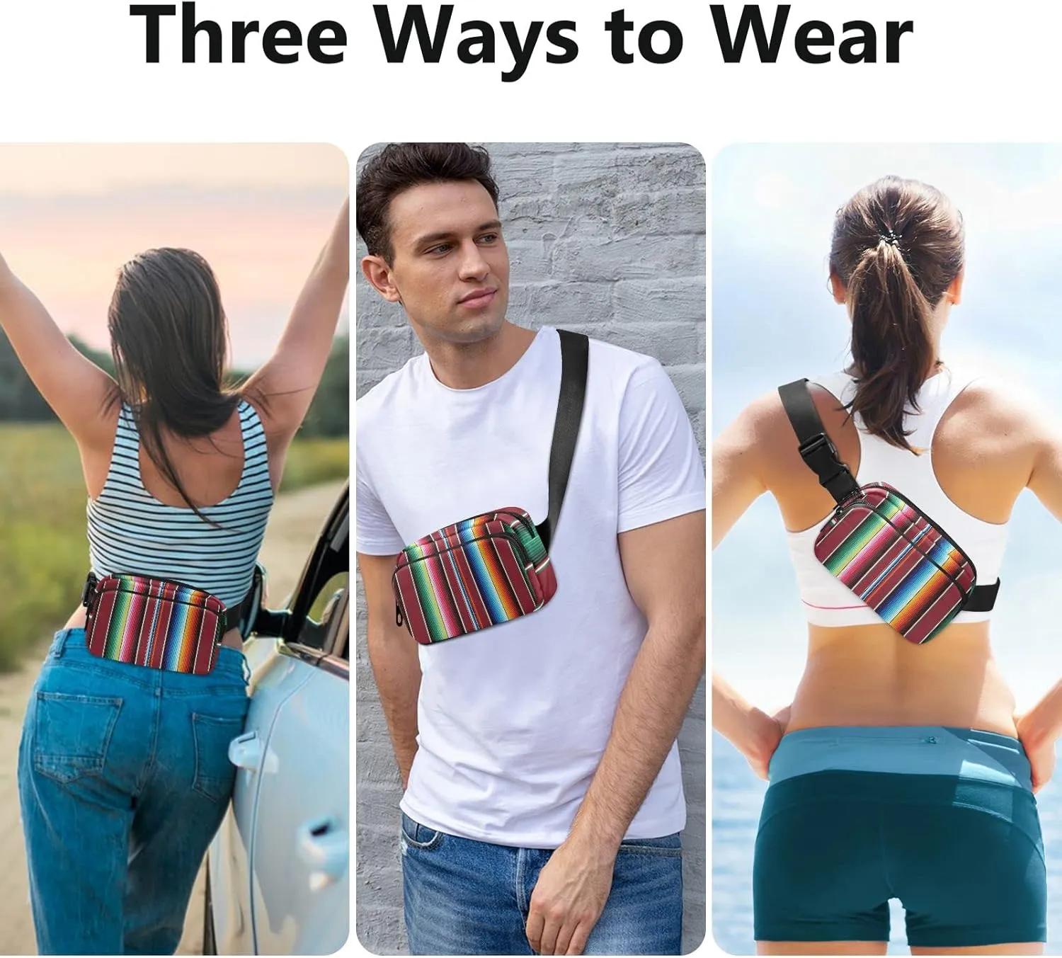 Oyihfvs Mexican Colorful Serape Stripes Adjustable Fanny Waist Pack Pouch, Waterproof Runners Sports Waist Pack Wallet for Sports Hiking Fitness Cycling Gym Women Men