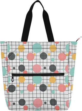 Polka Dots Grid Tote Bag for Book Lovers Reusable Bags with Zipper Pocket for School Work Shopping