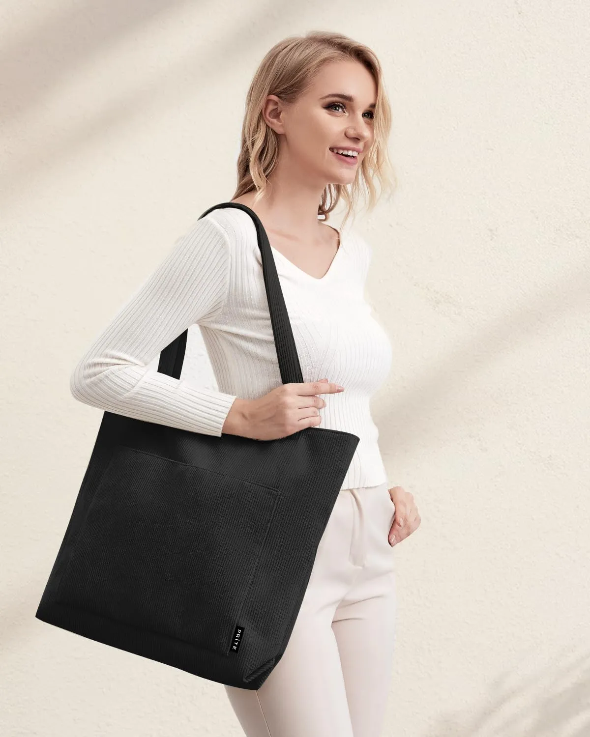 Prite Corduroy Tote Bag for Women Large Shoulder Bag with Zipper and Pockets for College Work Travel Shopping